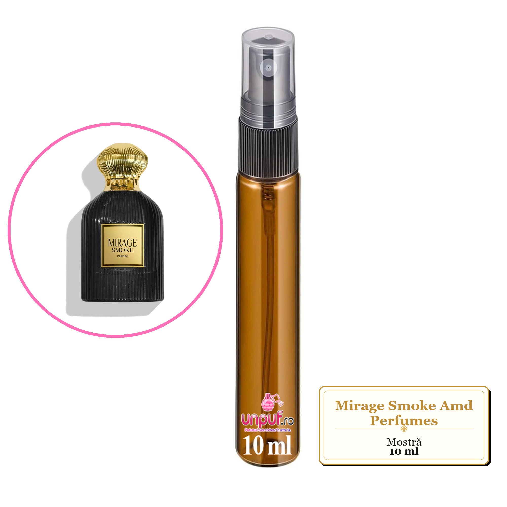 Mostra fiola din Mirage Smoke Amd Perfumes, decant sticla cu pulverizator