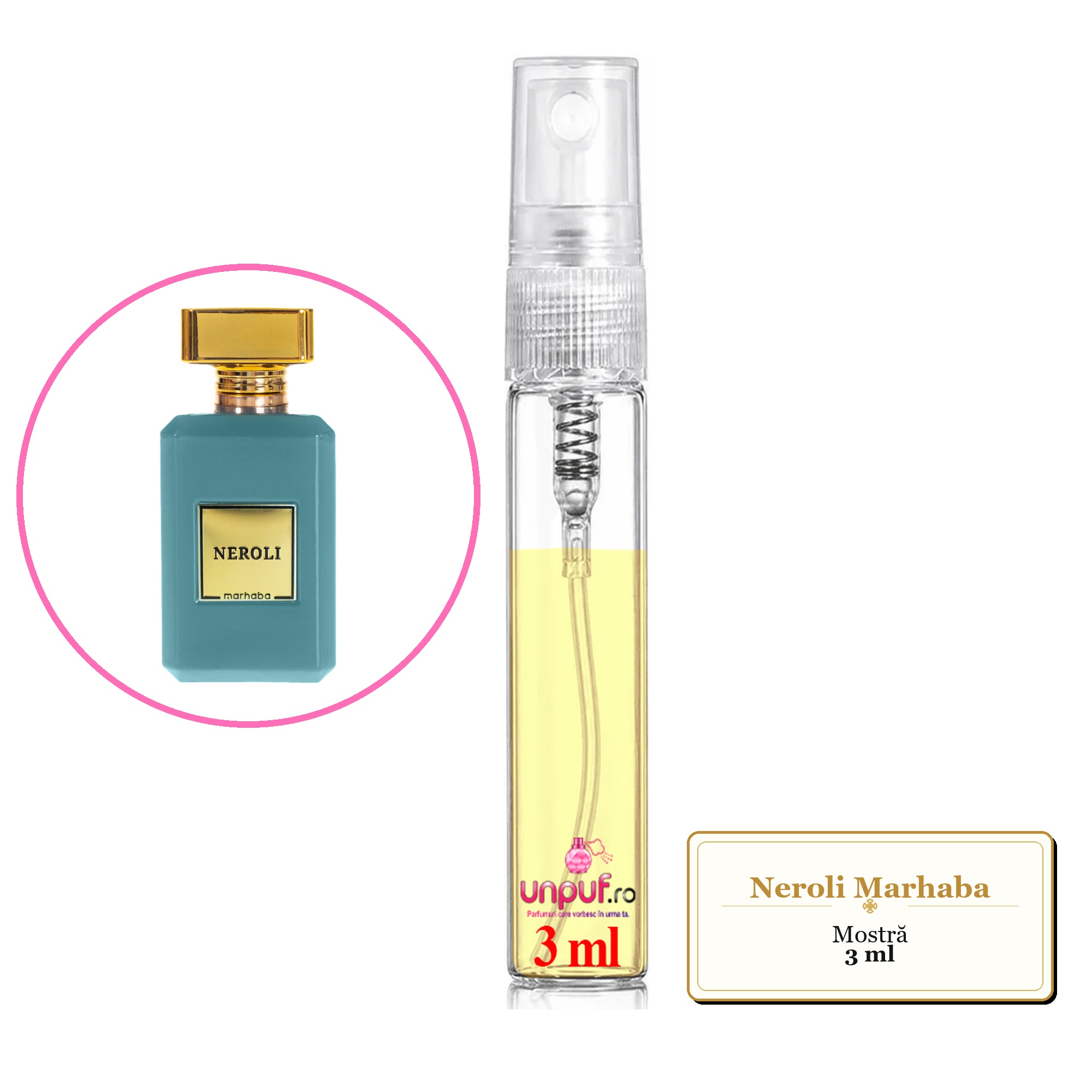 Mostra fiola din Neroli Marhaba, decant sticla cu pulverizator