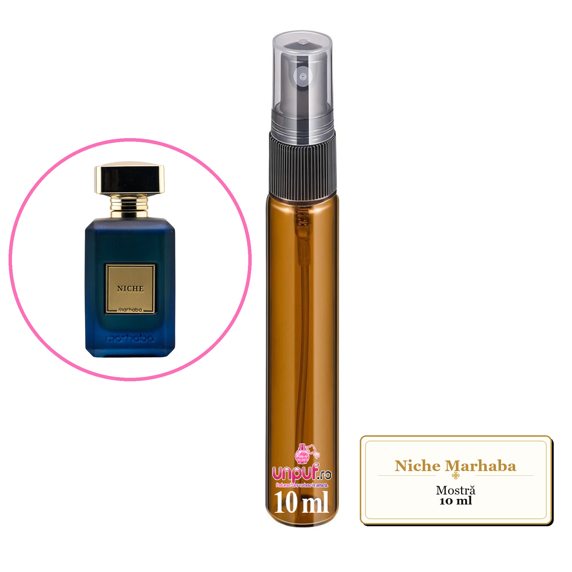 Mostra fiola din Niche Marhaba, decant sticla cu pulverizator