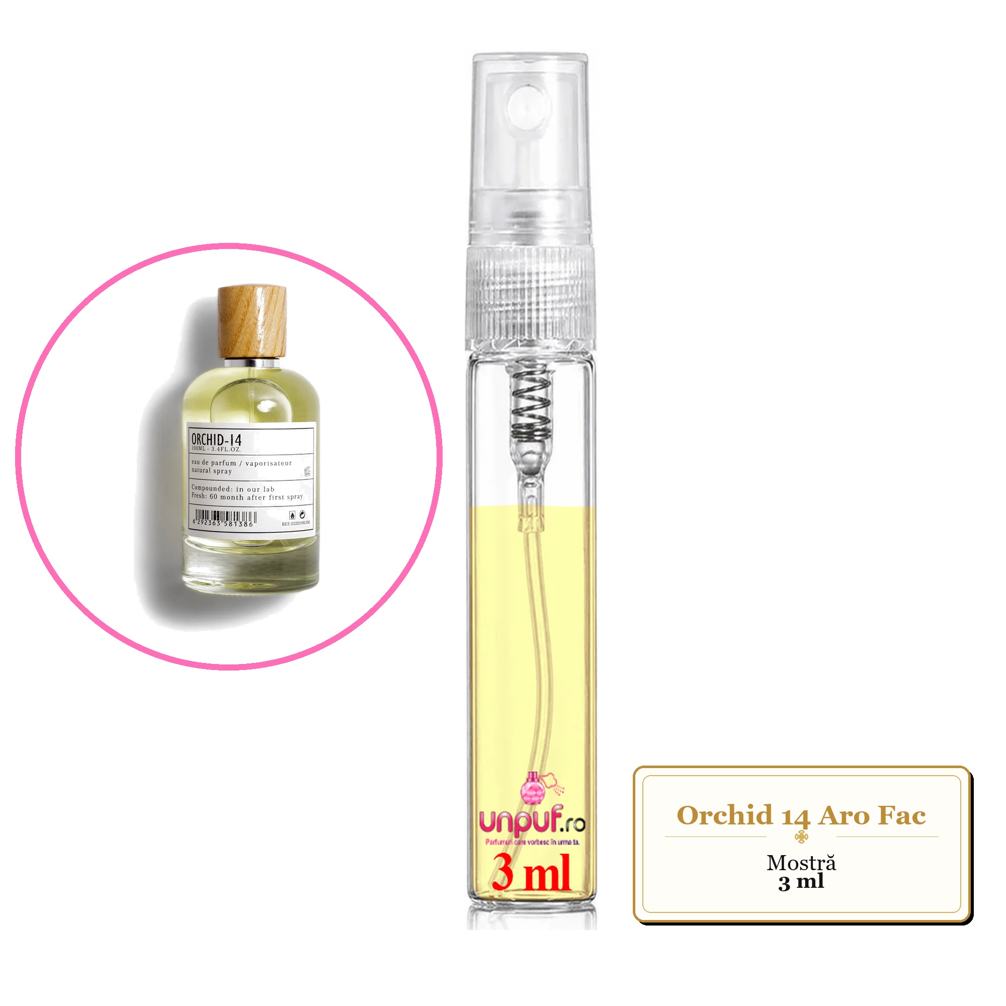 Mostra fiola din Orchid 14 Aro Fac, decant sticla cu pulverizator