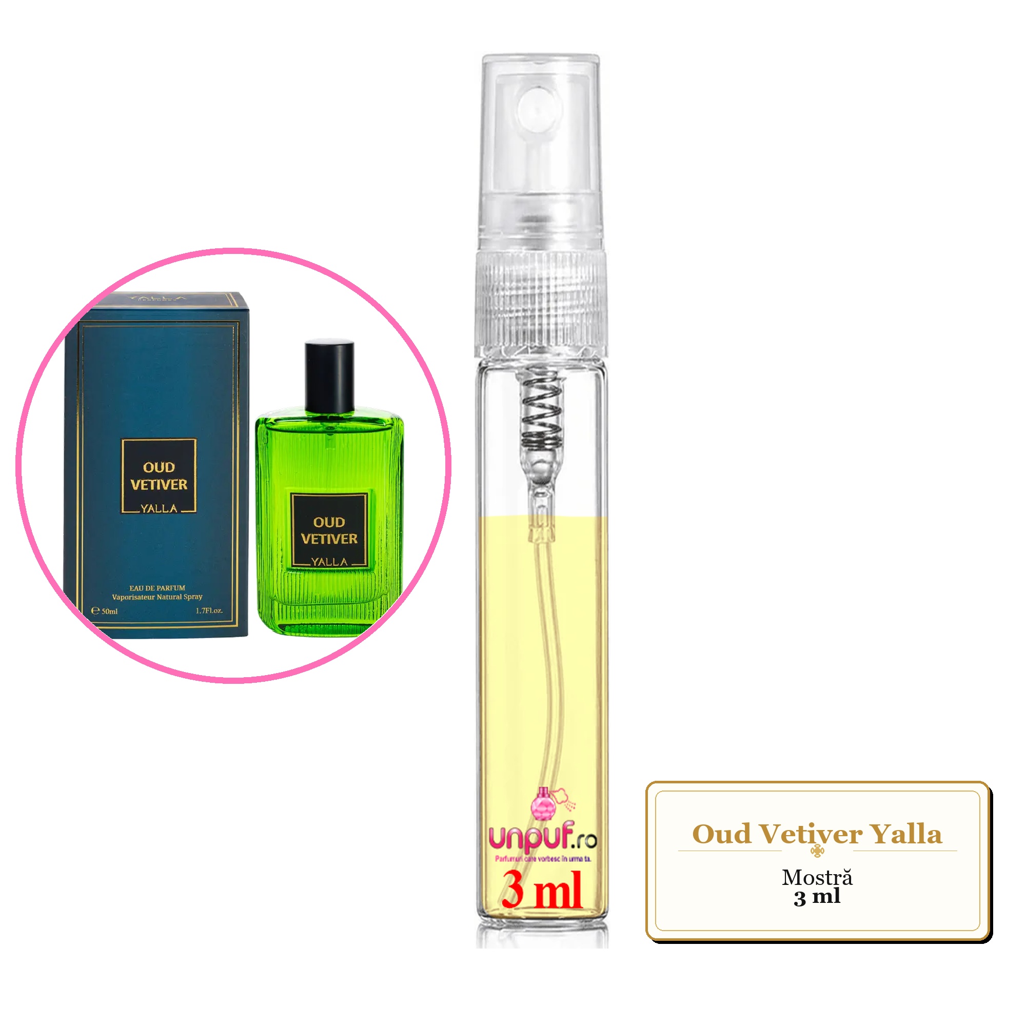 Mostra fiola din Oud Vetiver Yalla, decant sticla cu pulverizator