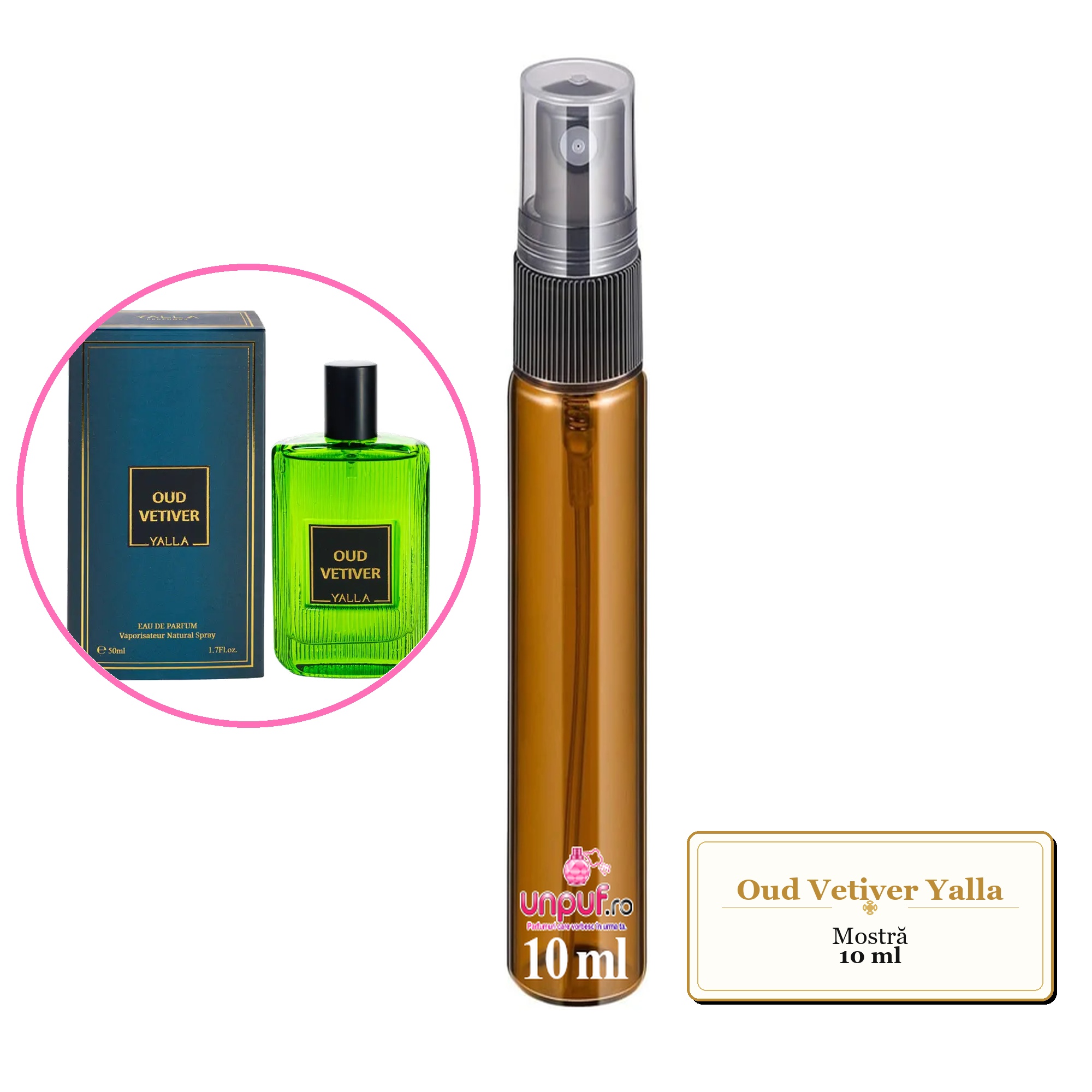 Mostra fiola din Oud Vetiver Yalla, decant sticla cu pulverizator