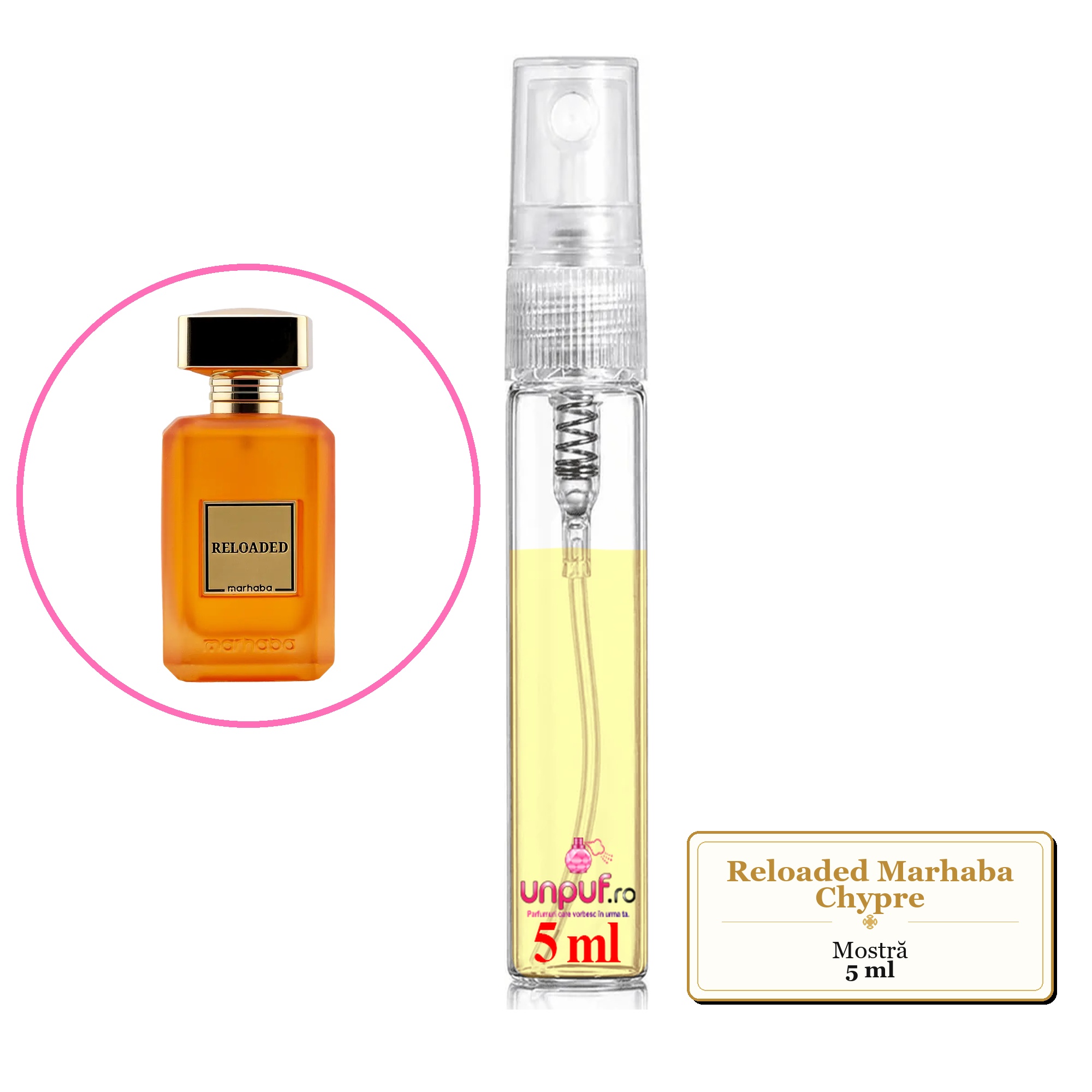Mostra fiola din Reloaded Marhaba Chypre, decant sticla cu pulverizator