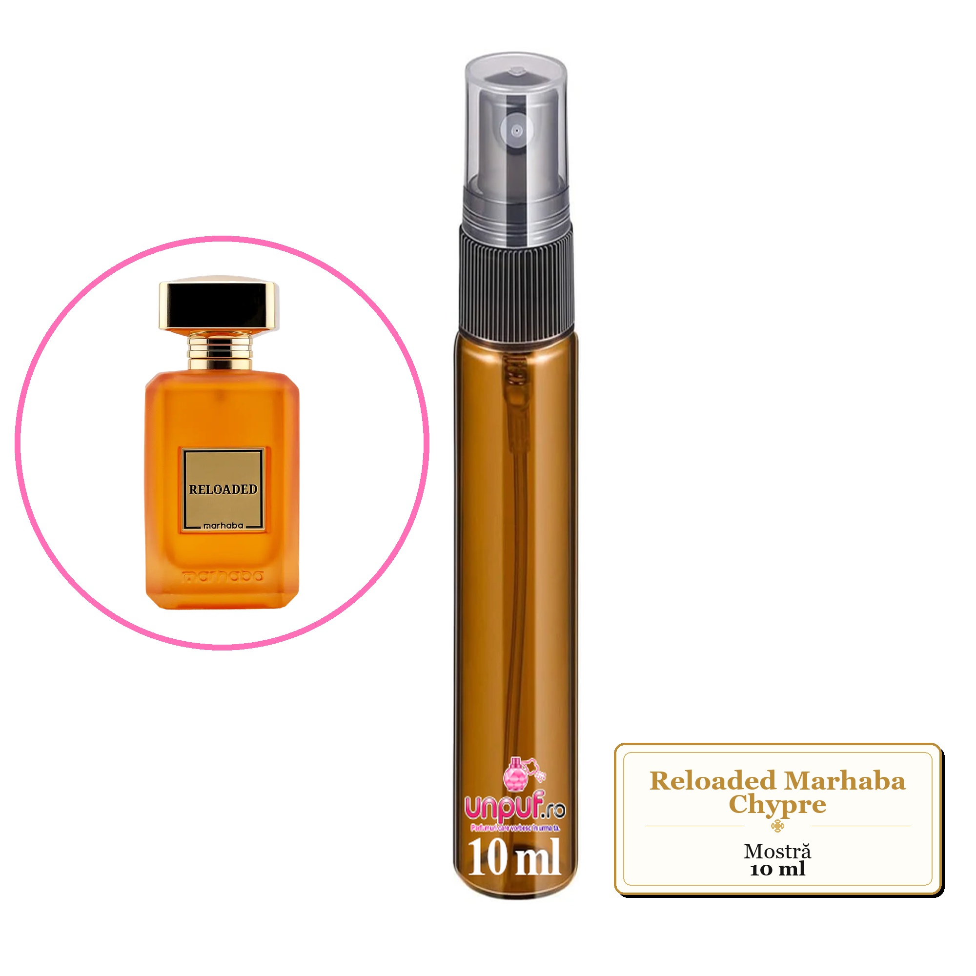 Mostra fiola din Reloaded Marhaba Chypre, decant sticla cu pulverizator