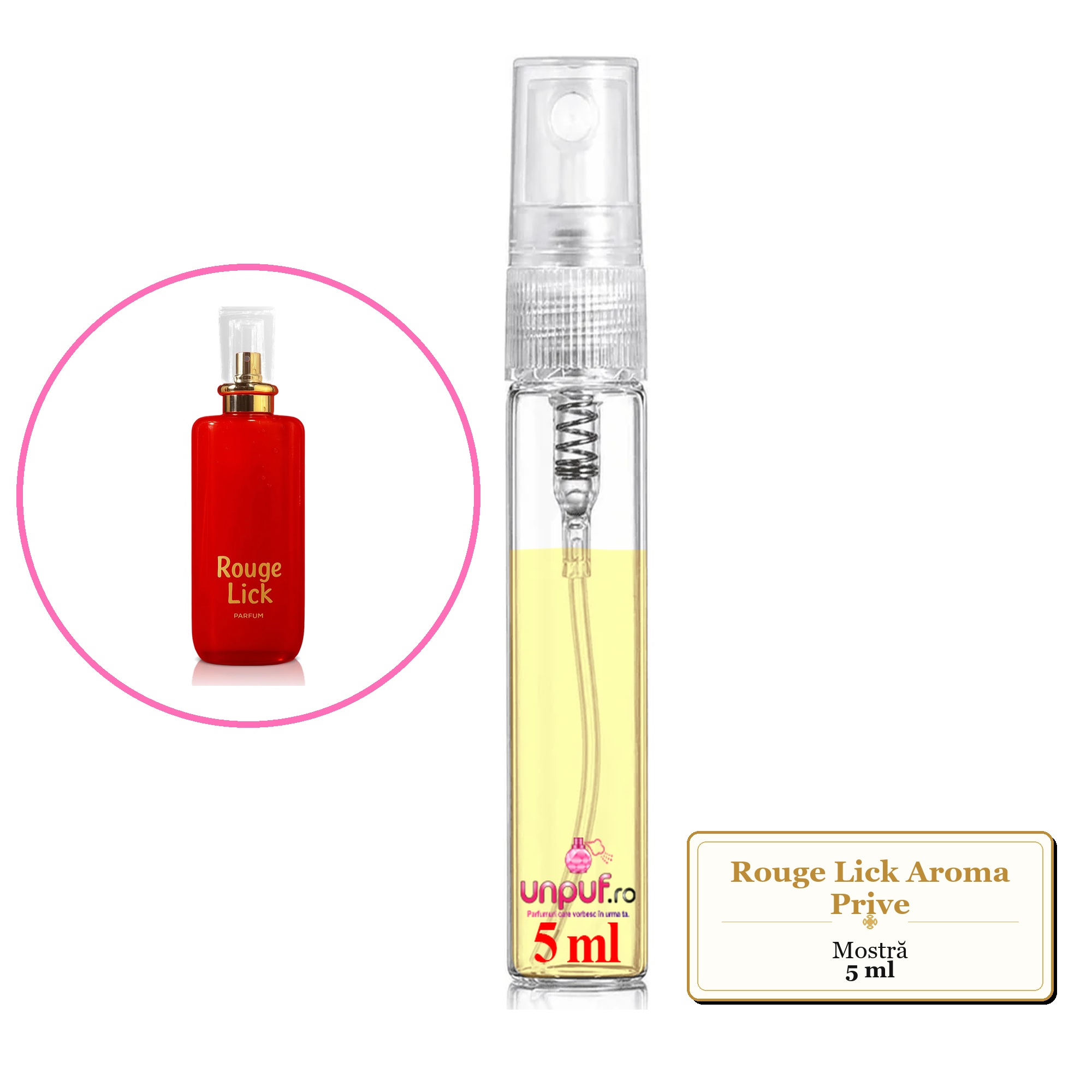 Mostra fiola din Rouge Lick Aroma Prive, decant sticla cu pulverizator
