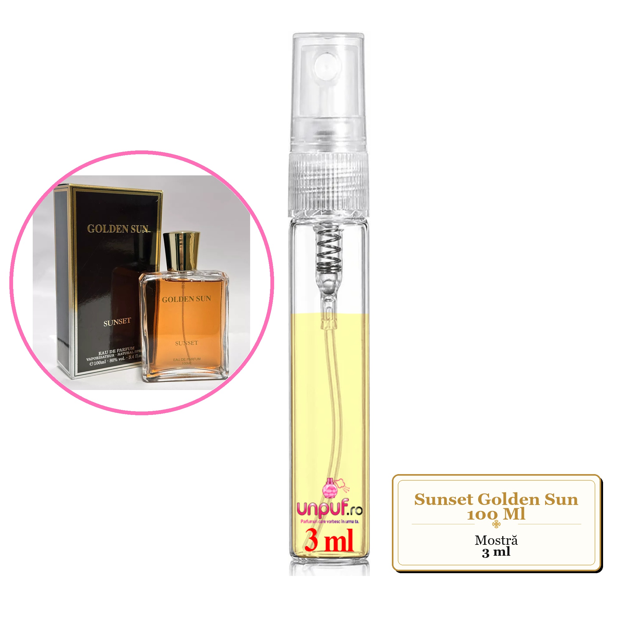 Mostra fiola din Sunset Golden Sun 100 Ml, decant sticla cu pulverizator