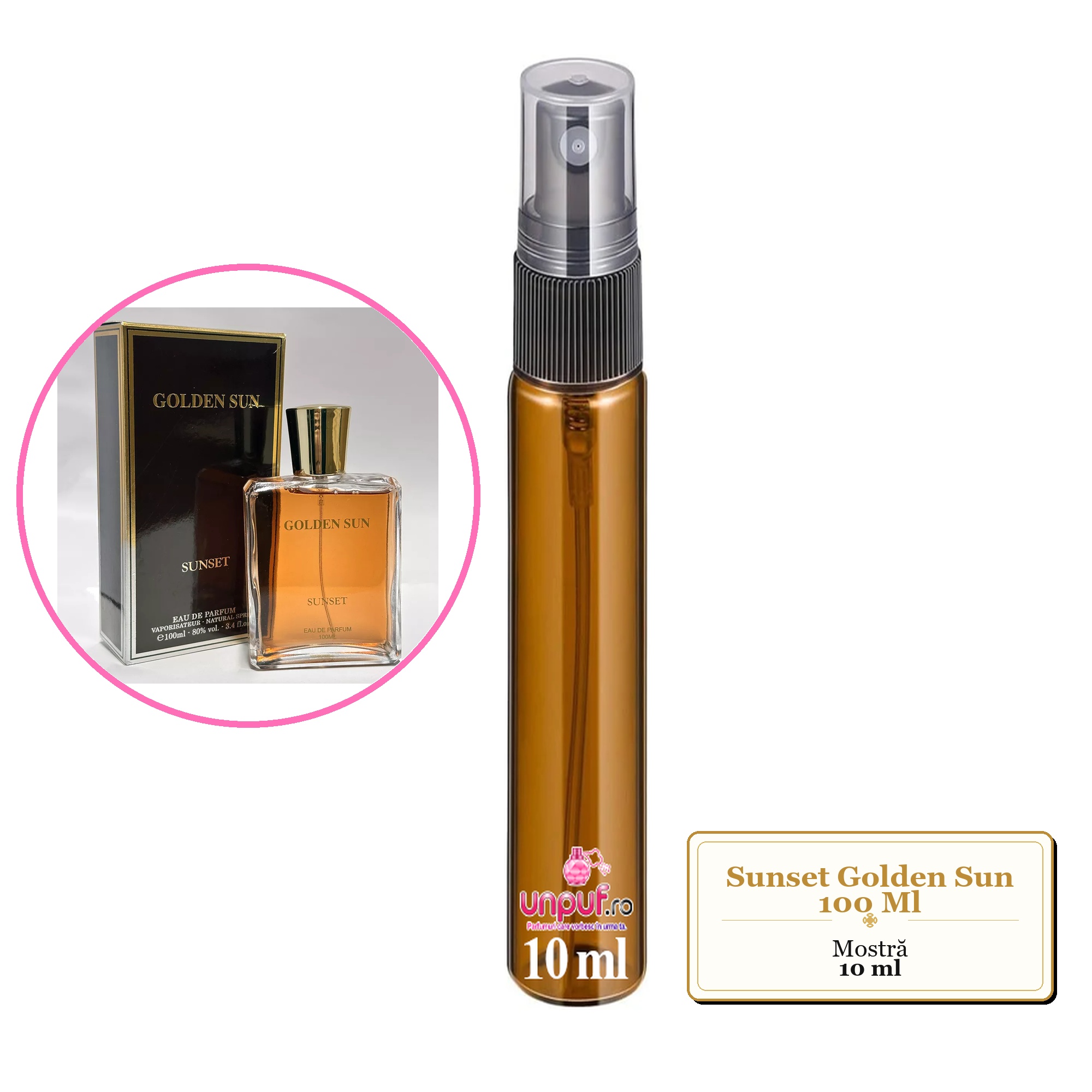 Mostra fiola din Sunset Golden Sun 100 Ml, decant sticla cu pulverizator