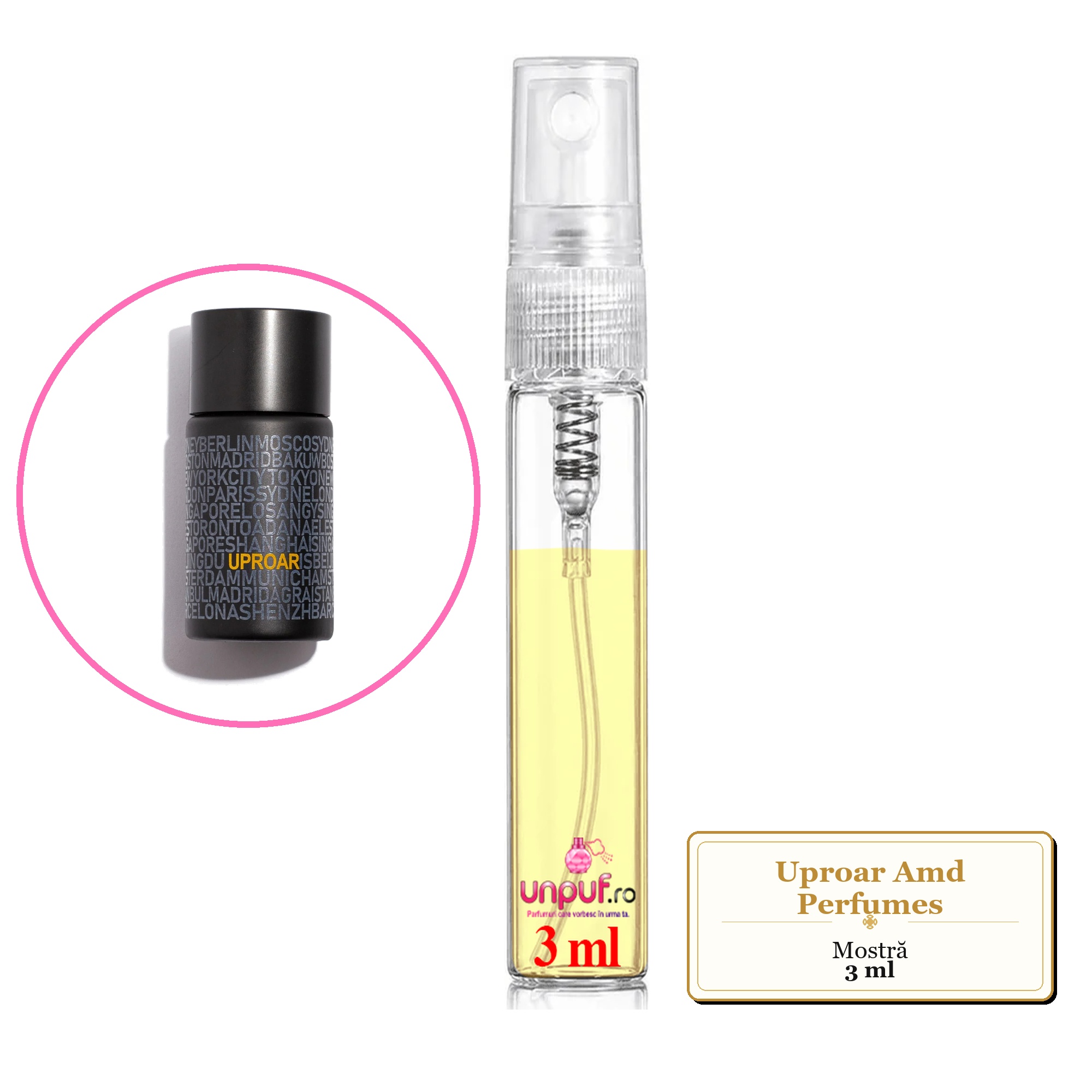 Mostra fiola din Uproar Amd Perfumes, decant sticla cu pulverizator