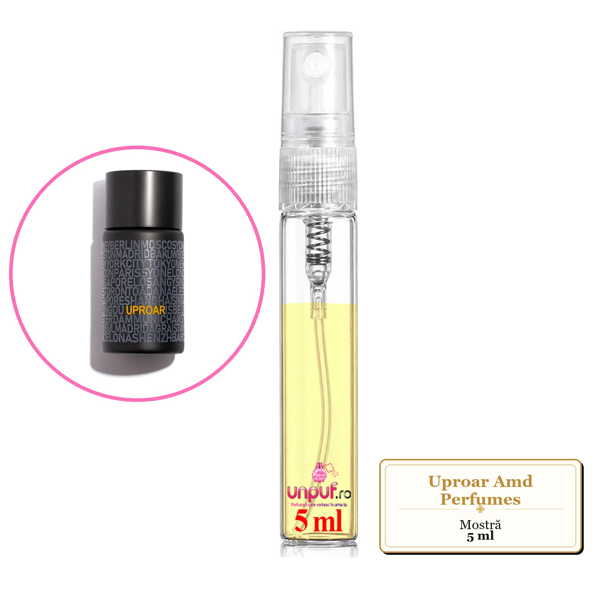Mostra fiola din Uproar Amd Perfumes, decant sticla cu pulverizator