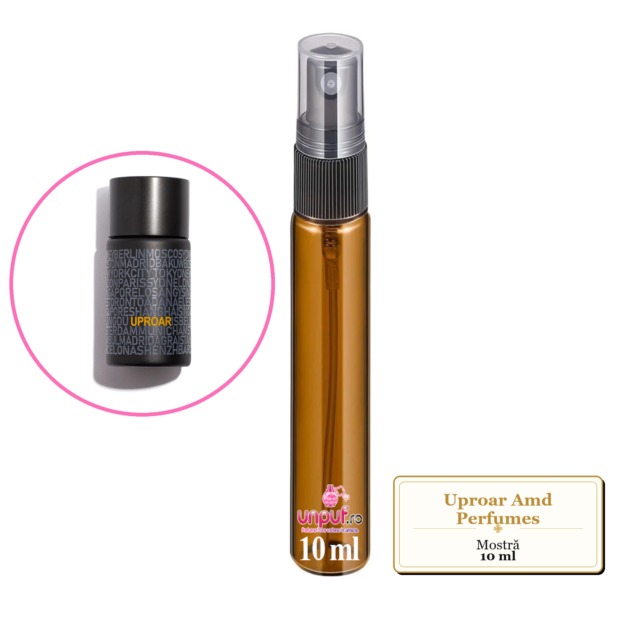Mostra fiola din Uproar Amd Perfumes, decant sticla cu pulverizator