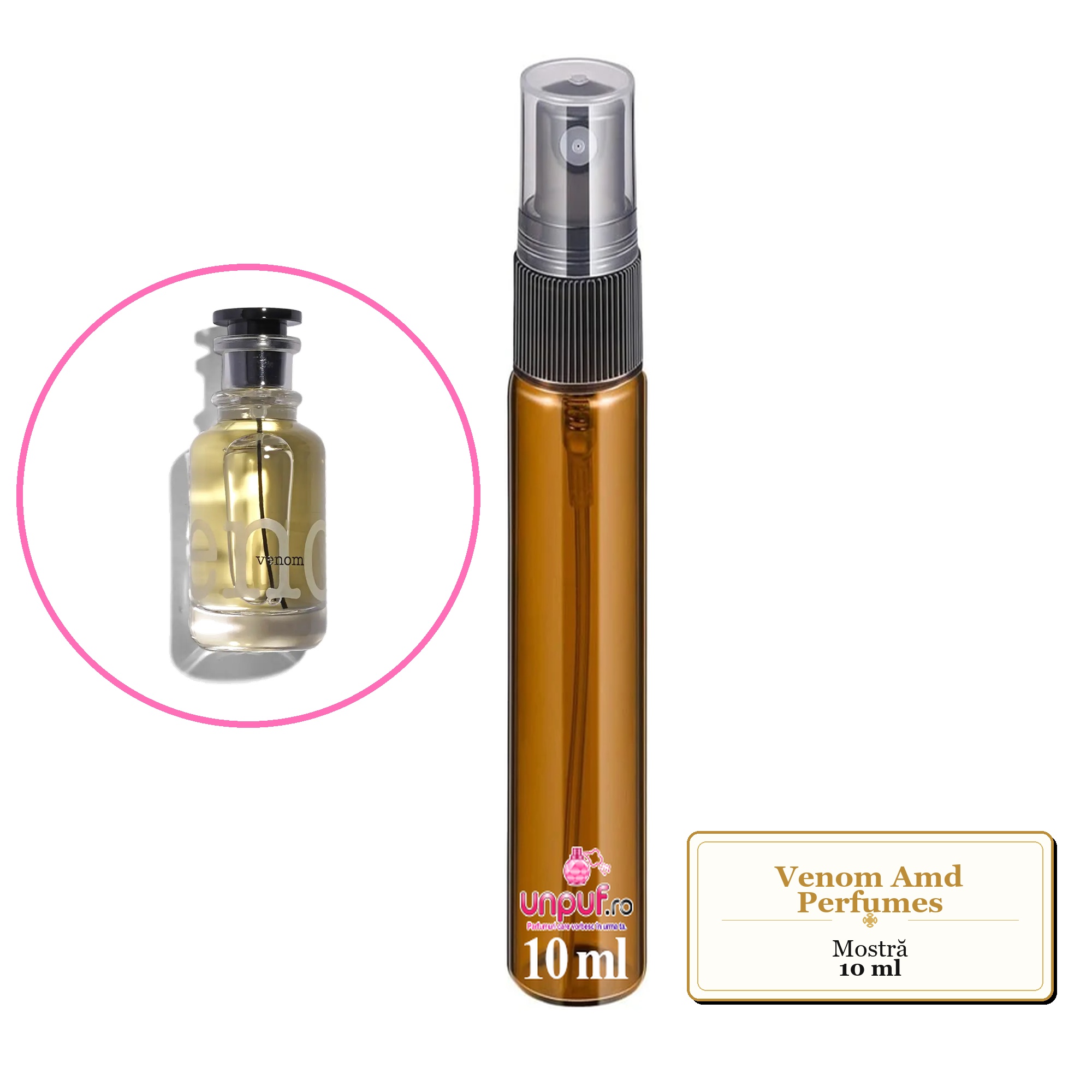 Mostra fiola din Venom Amd Perfumes, decant sticla cu pulverizator