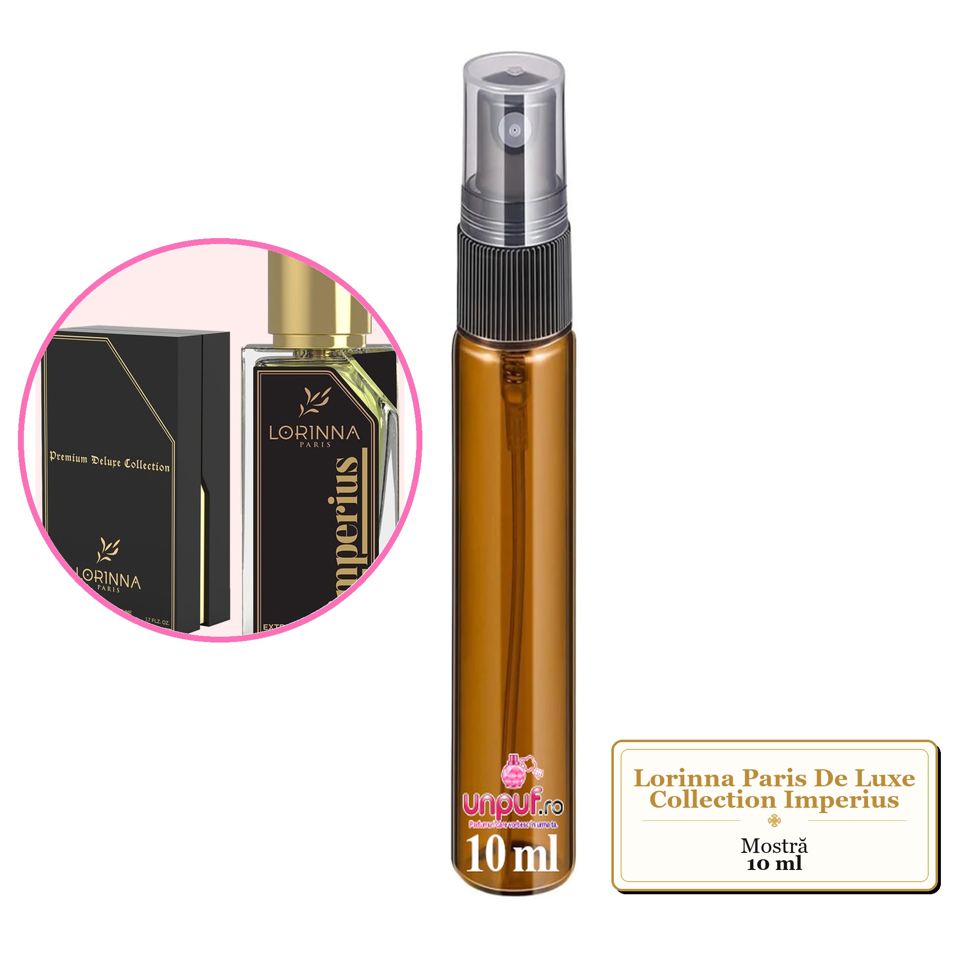 Mostra fiola din Parfumul Lorinna Paris De Luxe Collection Imperius, decant sticla cu pulverizator