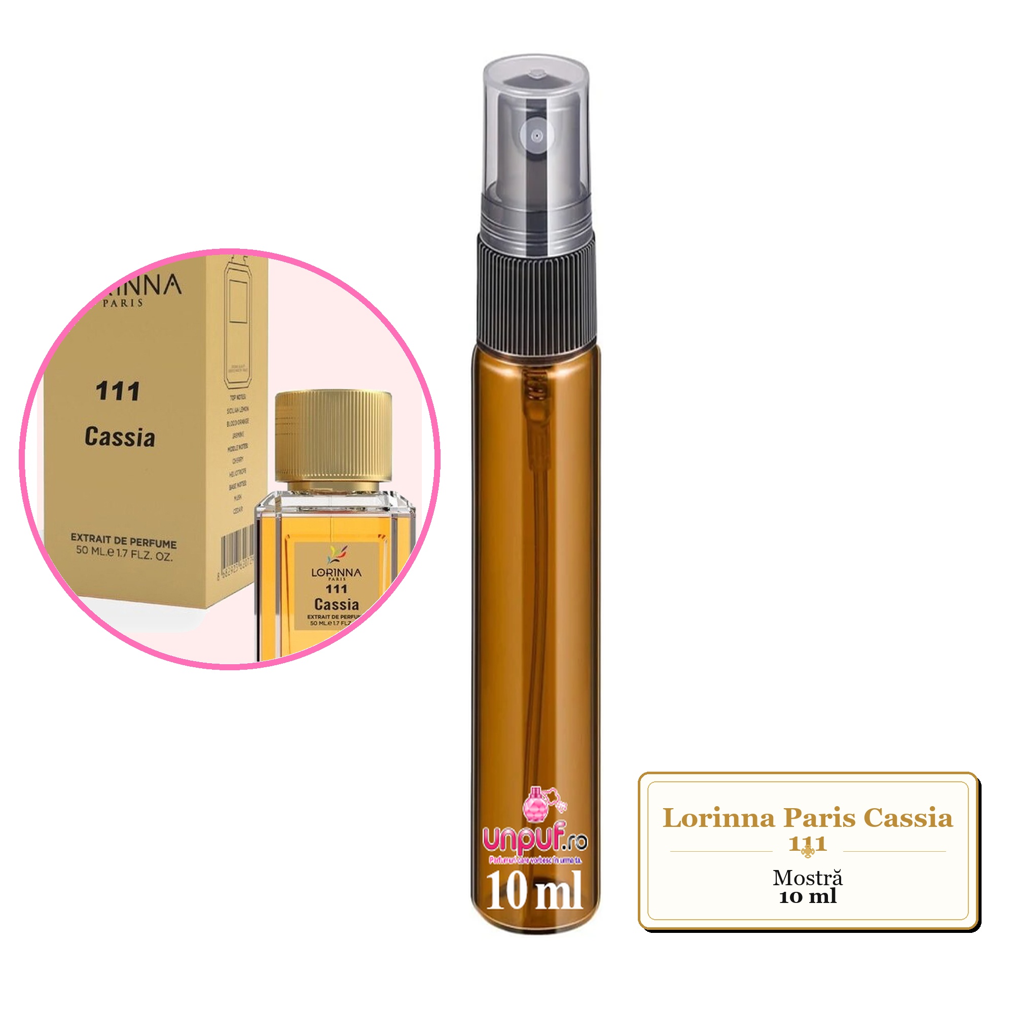 Mostra fiola din Parfumul Lorinna Paris Cassia 111, decant sticla cu pulverizator