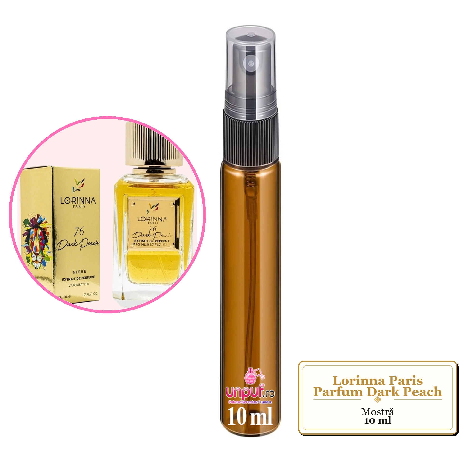 Mostra fiola din Parfumul Lorinna Paris Dark Peach, decant sticla cu pulverizator