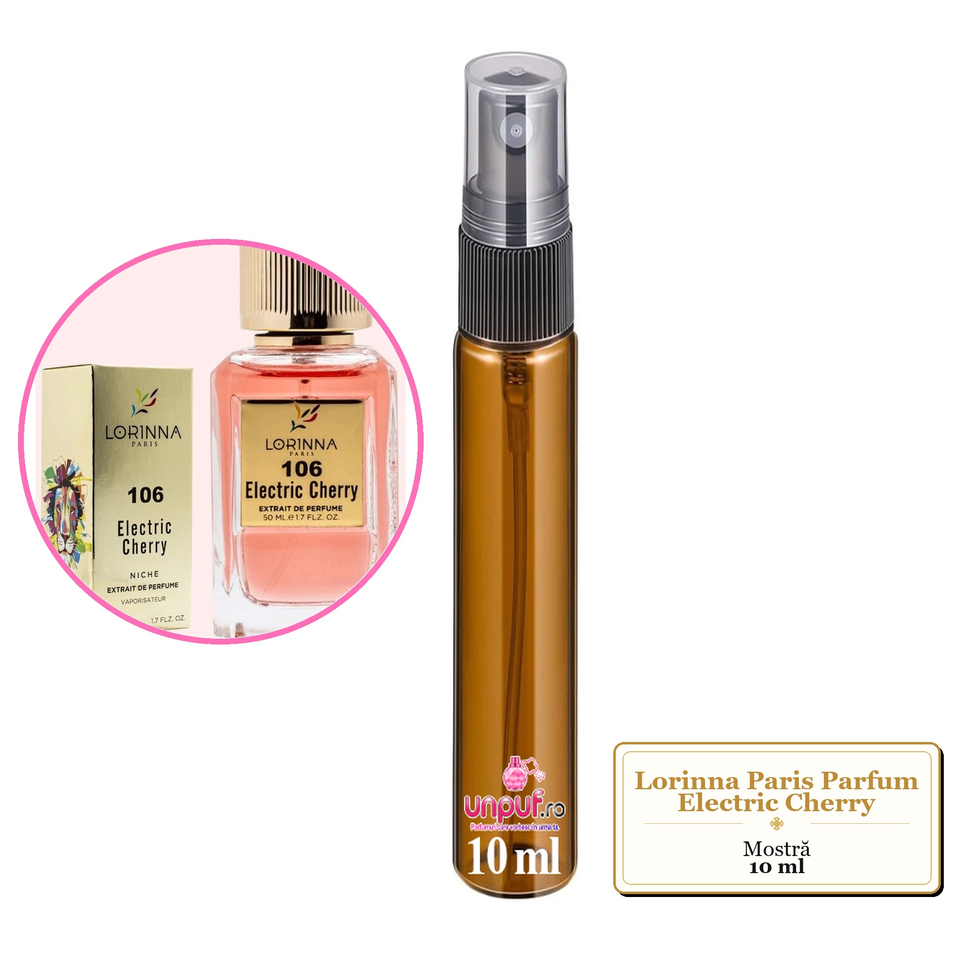 Mostra fiola din Parfumul Lorinna Paris Electric Cherry, decant sticla cu pulverizator