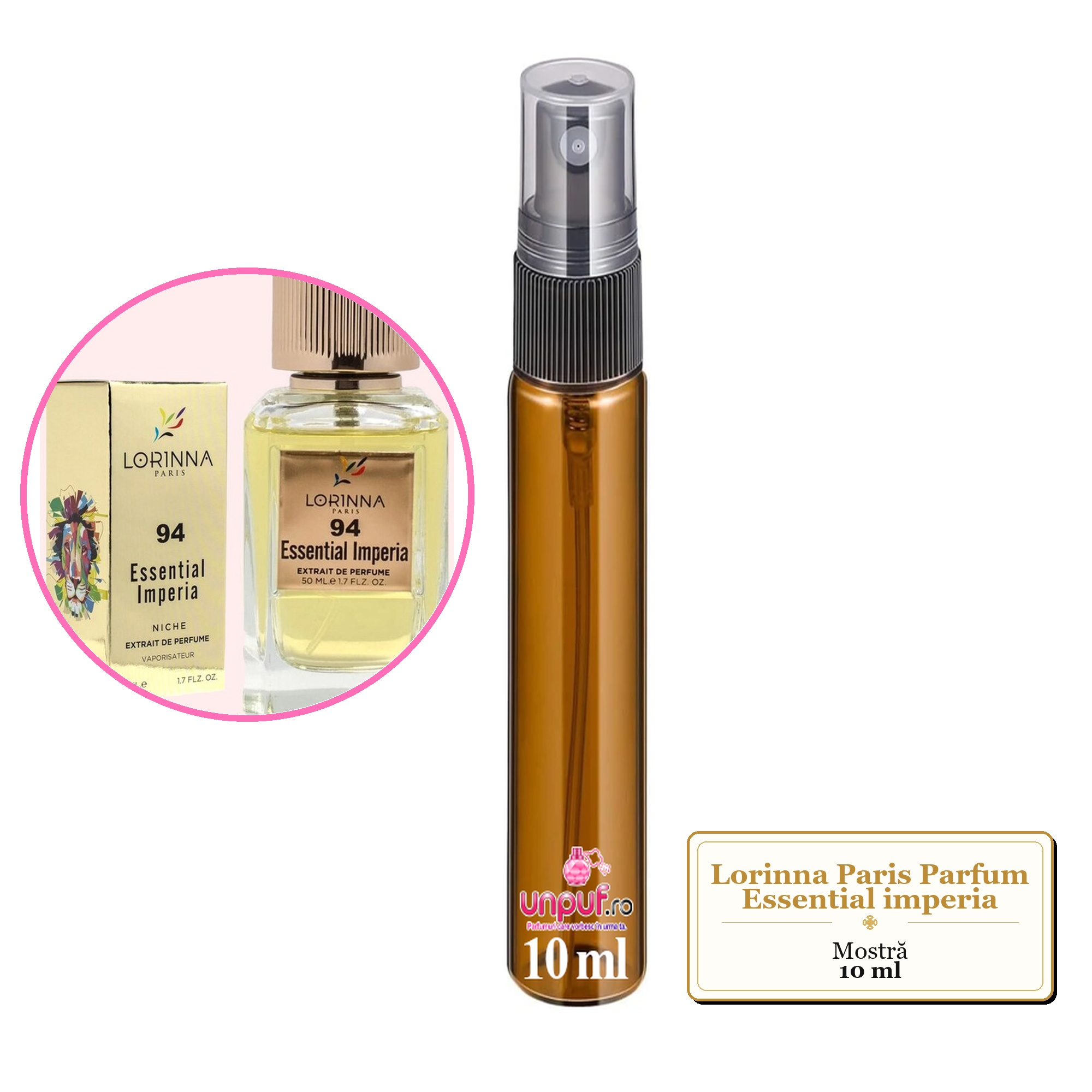 Mostra fiola din Parfumul Lorinna Paris Essential imperia, decant sticla cu pulverizator