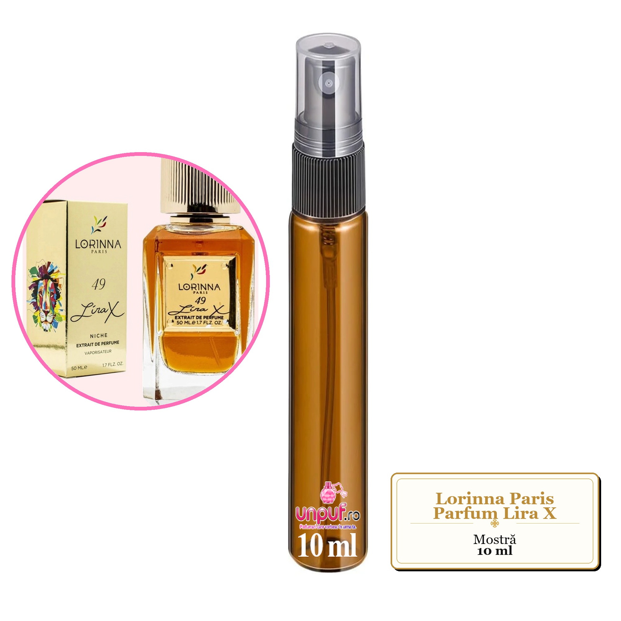 Mostra fiola din Parfumul Lorinna Paris Lira X, decant sticla cu pulverizator