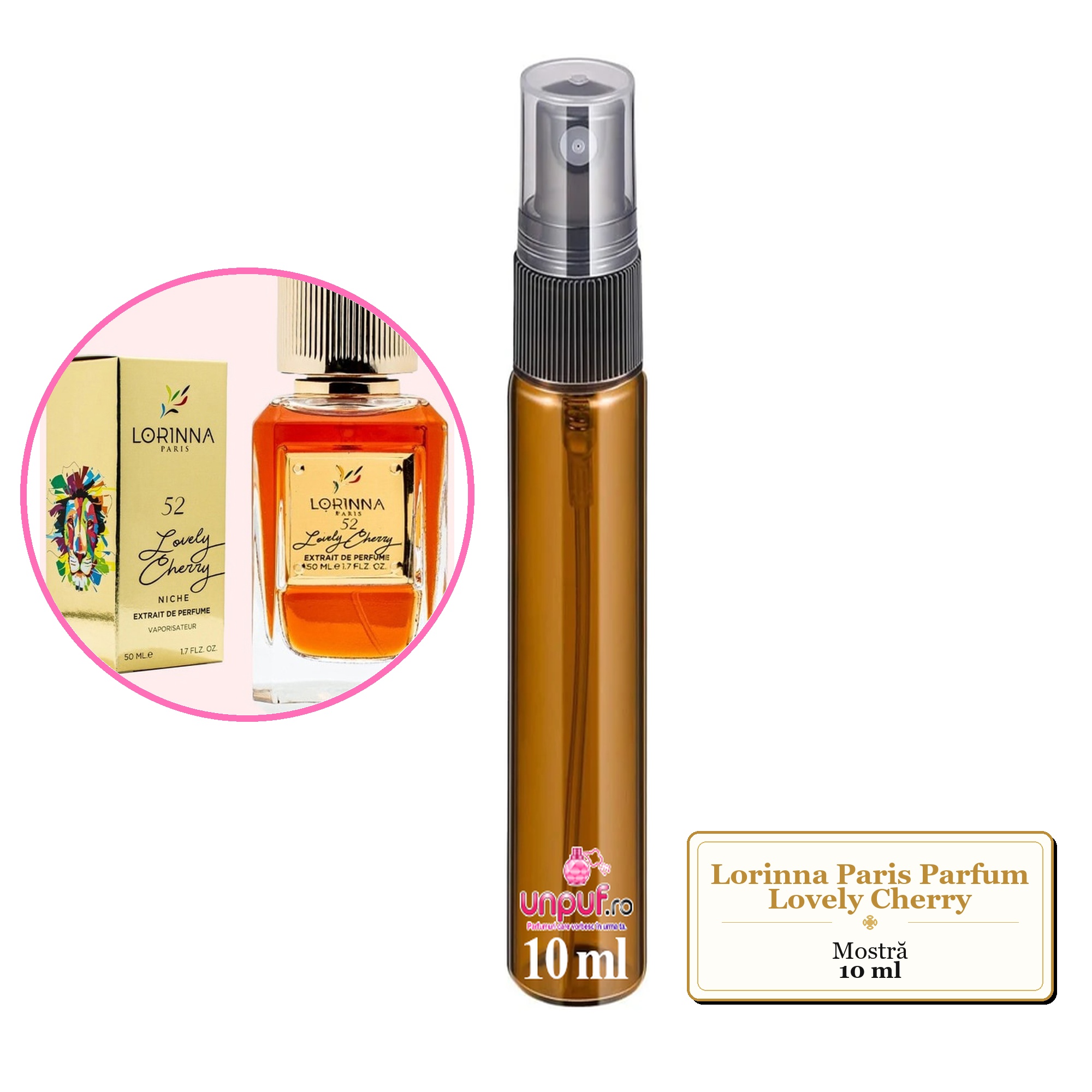 Mostra fiola din Parfumul Lorinna Paris Lovely Cherry, decant sticla cu pulverizator