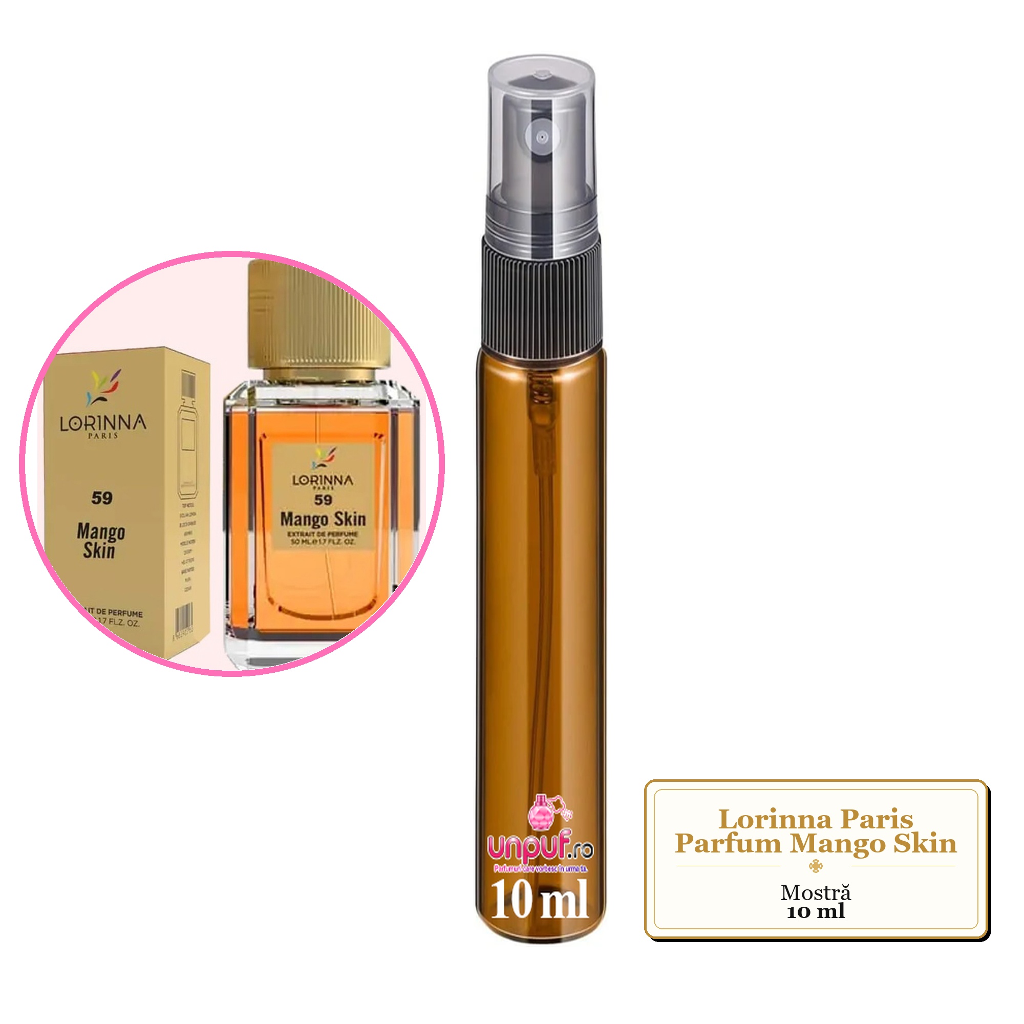 Mostra fiola din Parfumul Lorinna Paris Mango Skin, decant sticla cu pulverizator