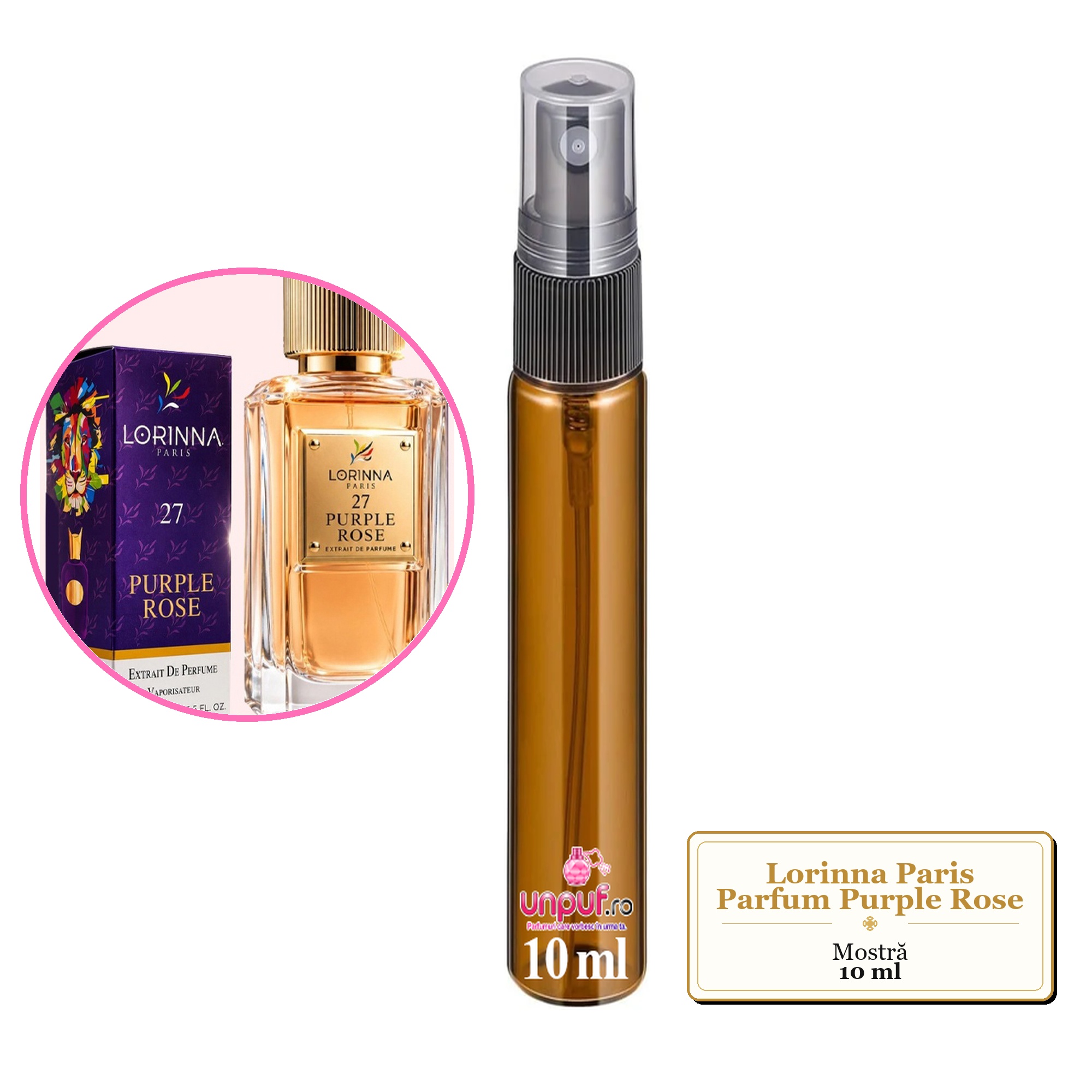Mostra fiola din Parfumul Lorinna Paris Purple Rose, decant sticla cu pulverizator