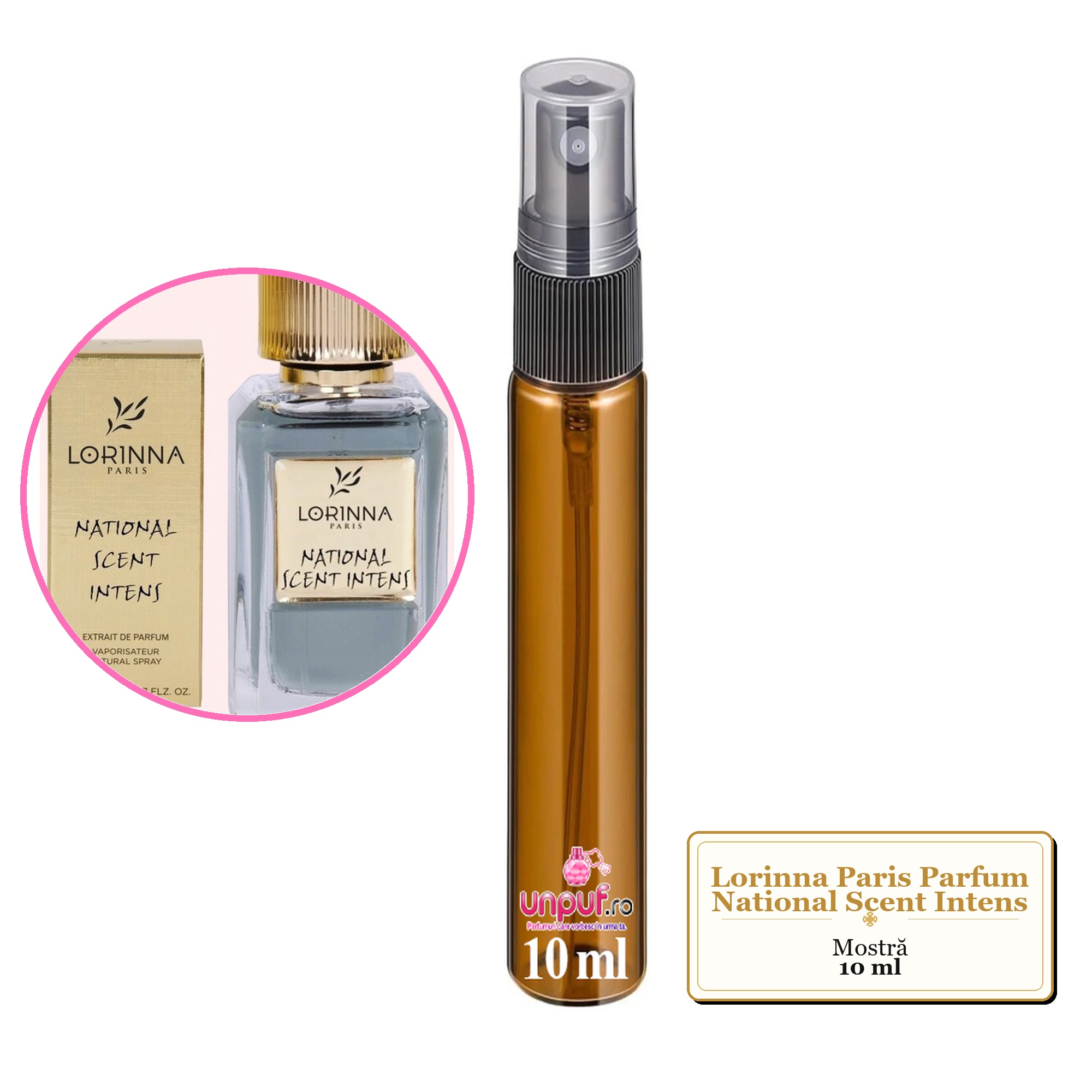 Mostra fiola din Parfumul Lorinna Paris National Scent Intens, decant sticla cu pulverizator