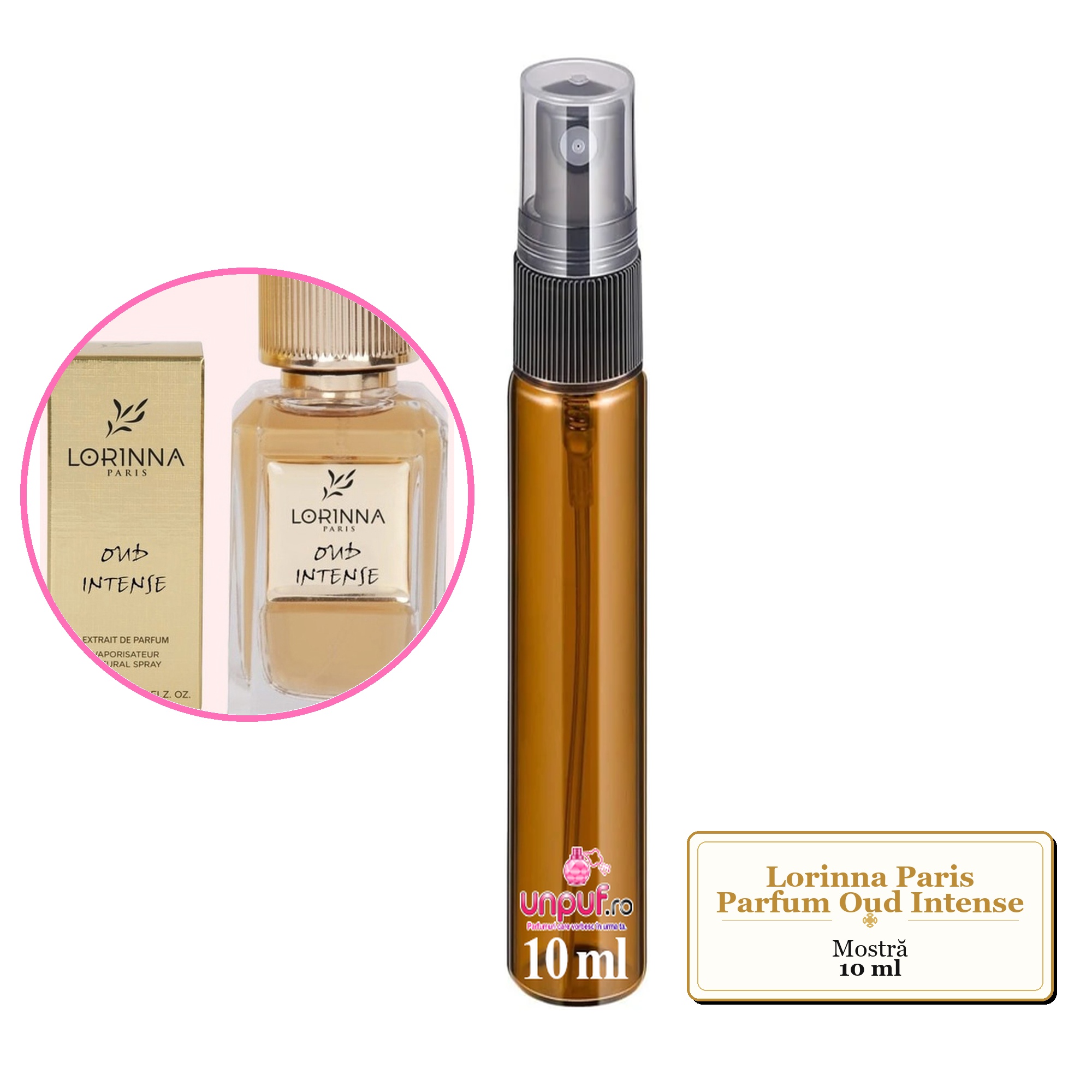 Mostra fiola din Parfumul Lorinna Paris Oud Intense, decant sticla cu pulverizator