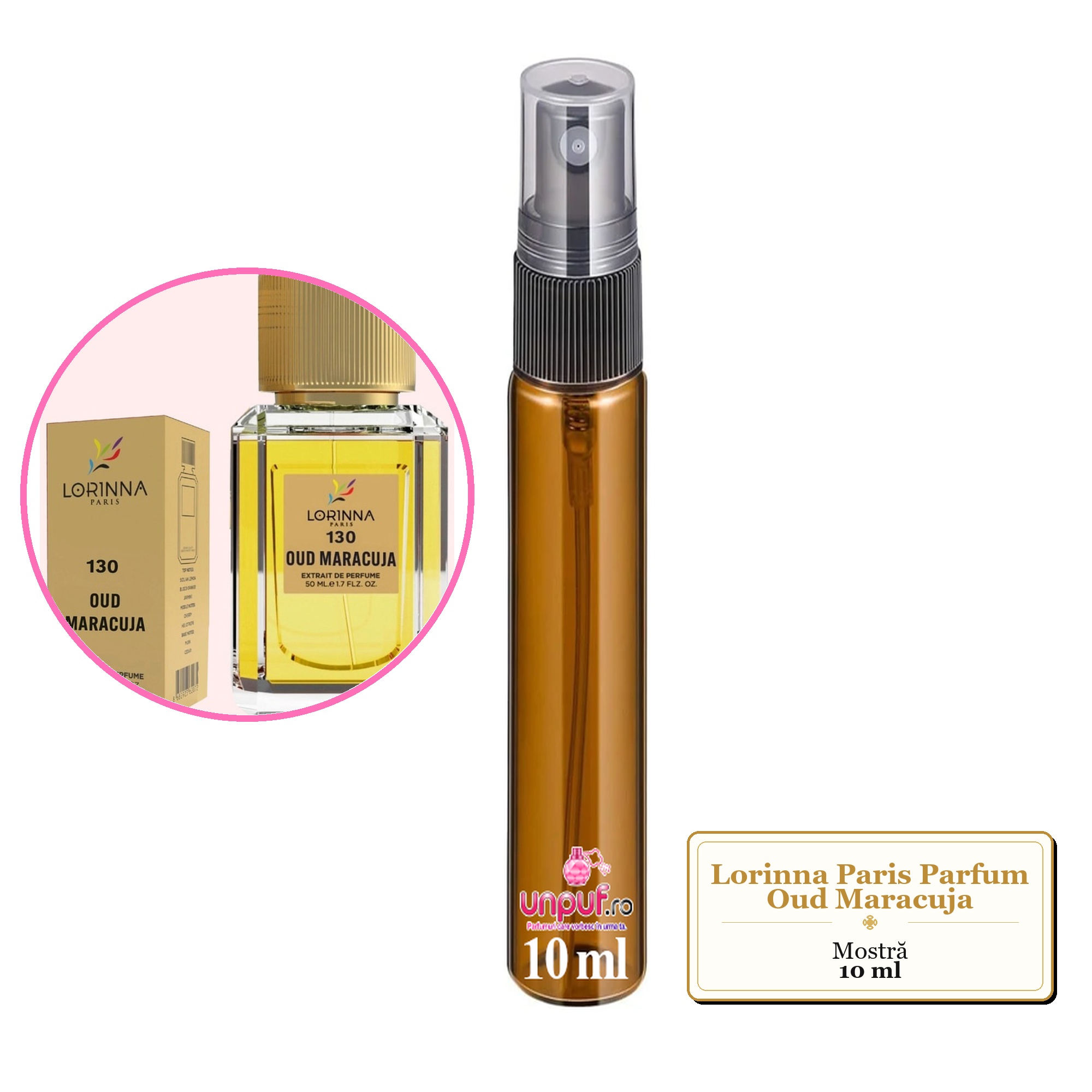 Mostra fiola din Parfumul Lorinna Paris Oud Maracuja, decant sticla cu pulverizator