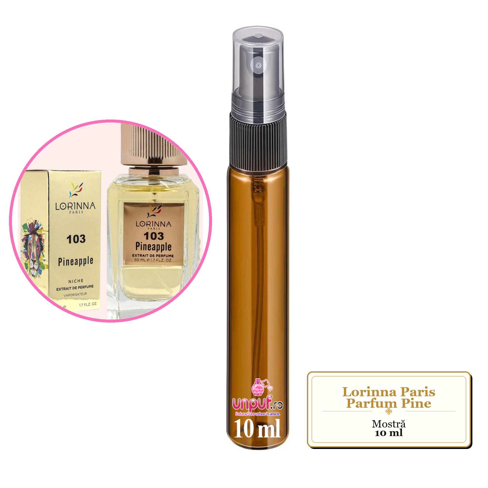Mostra fiola din Parfumul Lorinna Paris Pine, decant sticla cu pulverizator