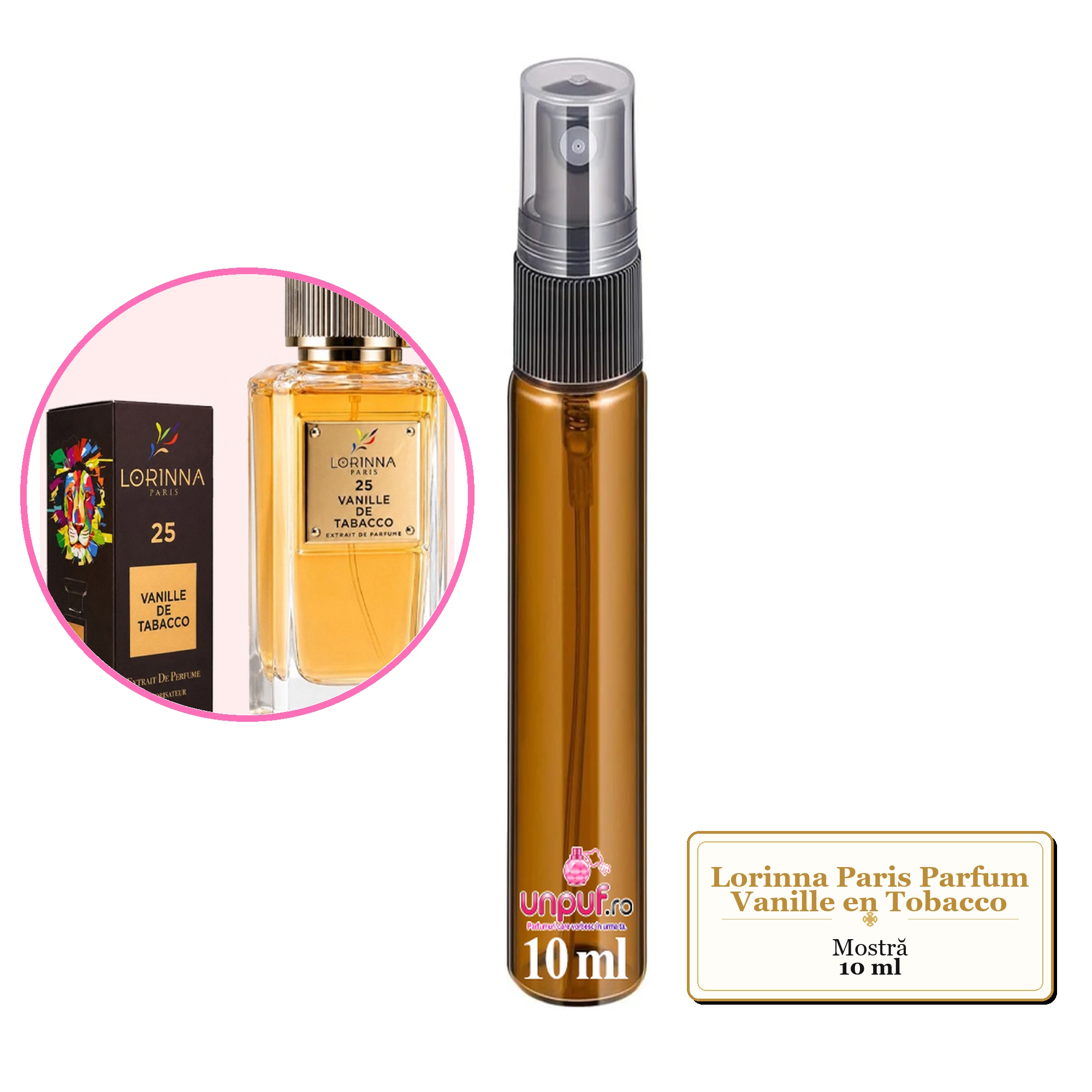 Mostra fiola din Parfumul Lorinna Paris Vanille en Tobacco, decant sticla cu pulverizator