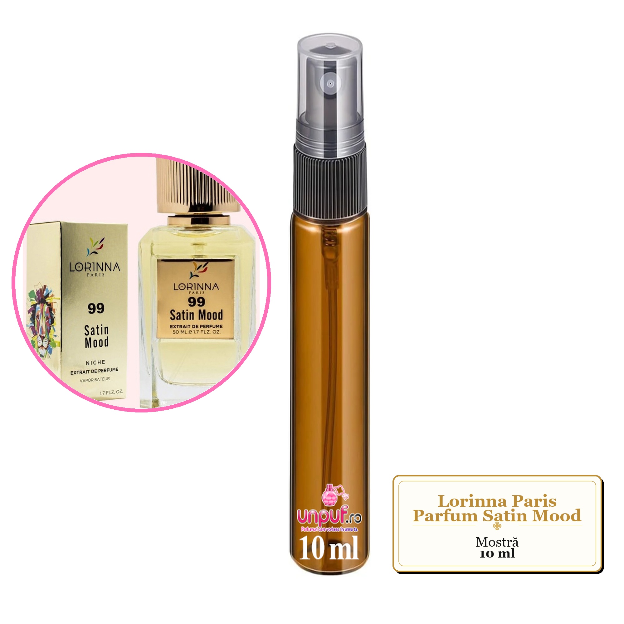 Mostra fiola din Parfumul Lorinna Paris Satin Mood, decant sticla cu pulverizator
