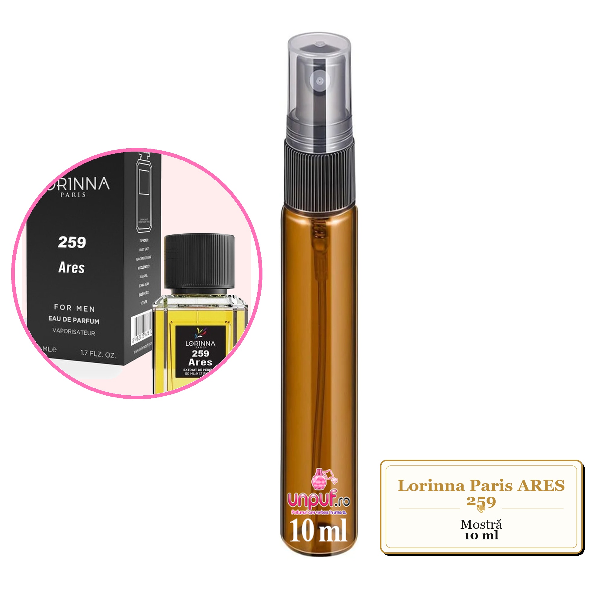 Mostra fiola din Parfumul Lorinna Paris ARES 259, decant sticla cu pulverizator