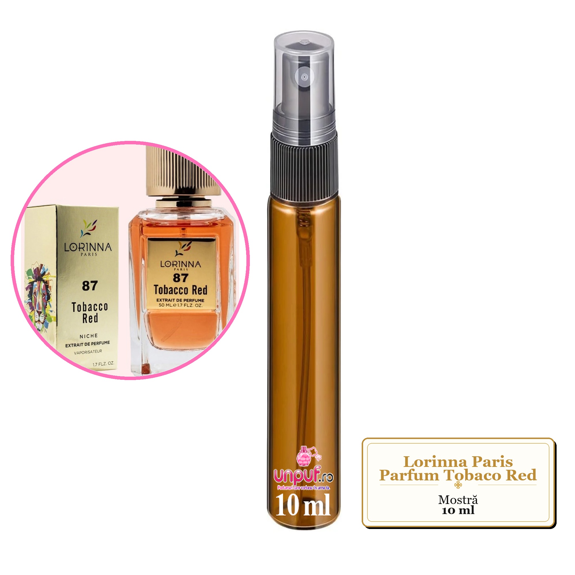 Mostra fiola din Parfumul Lorinna Paris Tobaco Red, decant sticla cu pulverizator