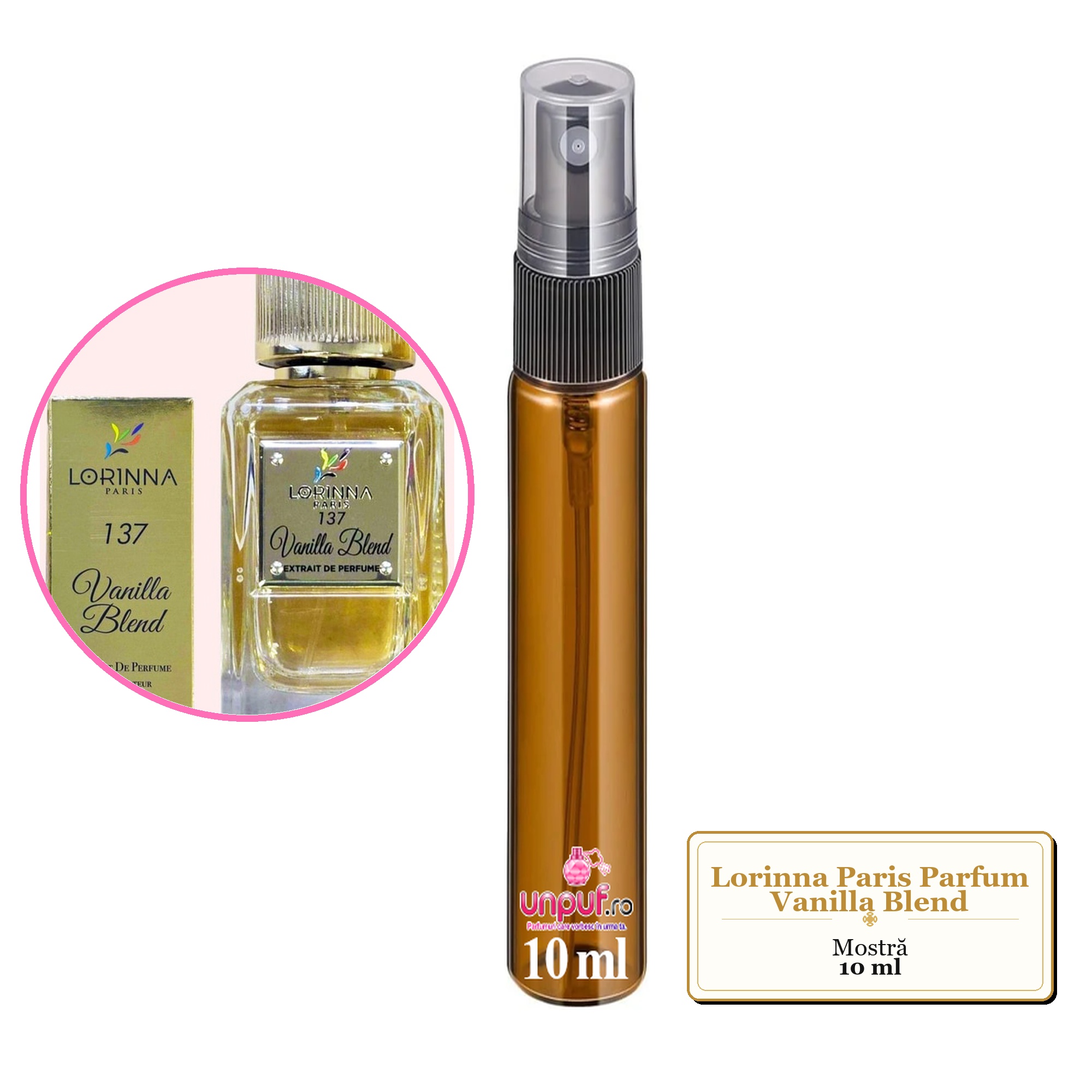 Mostra fiola din Parfumul Lorinna Paris Vanilla Blend, decant sticla cu pulverizator