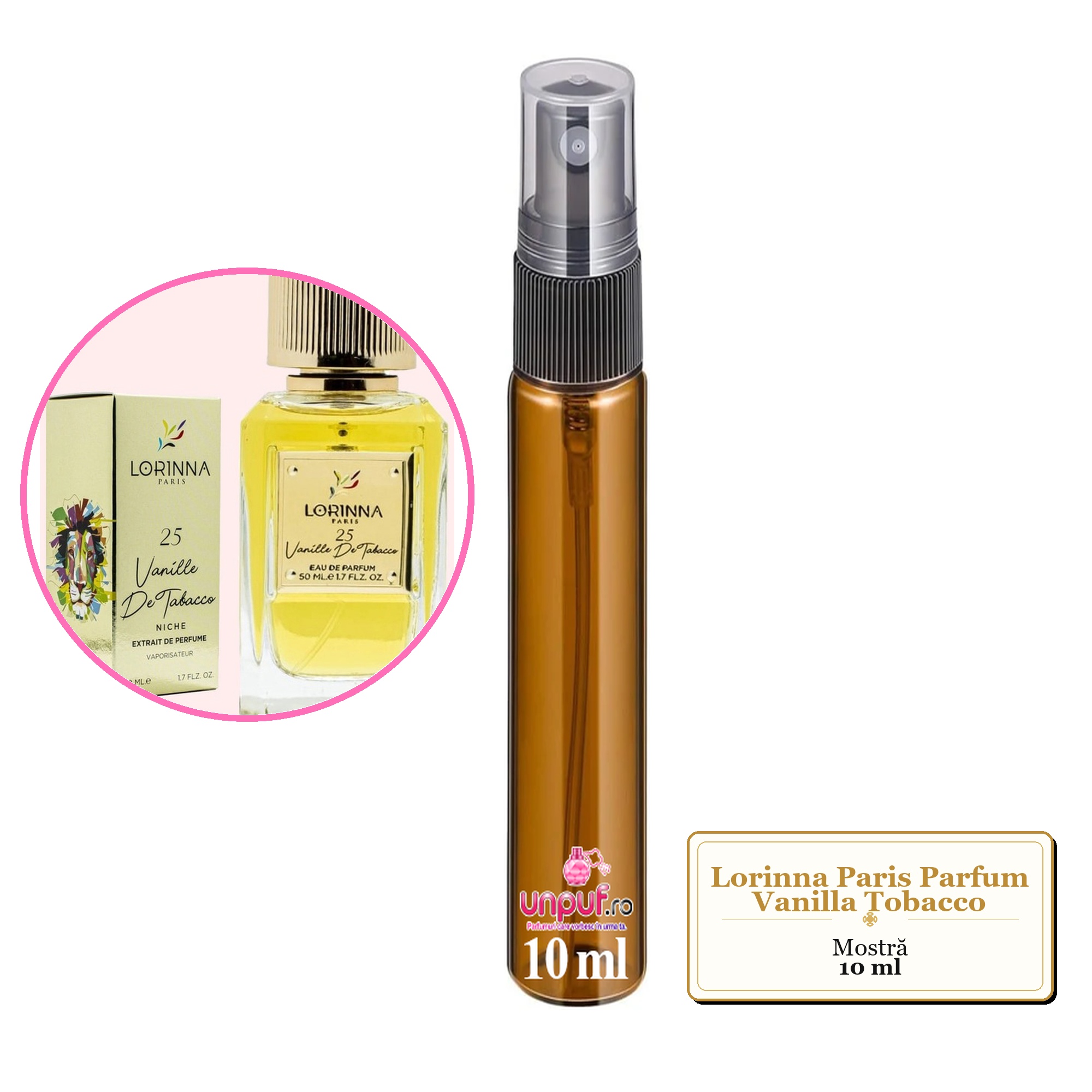 Mostra fiola din Parfumul Lorinna Paris Vanilla Tobacco, decant sticla cu pulverizator
