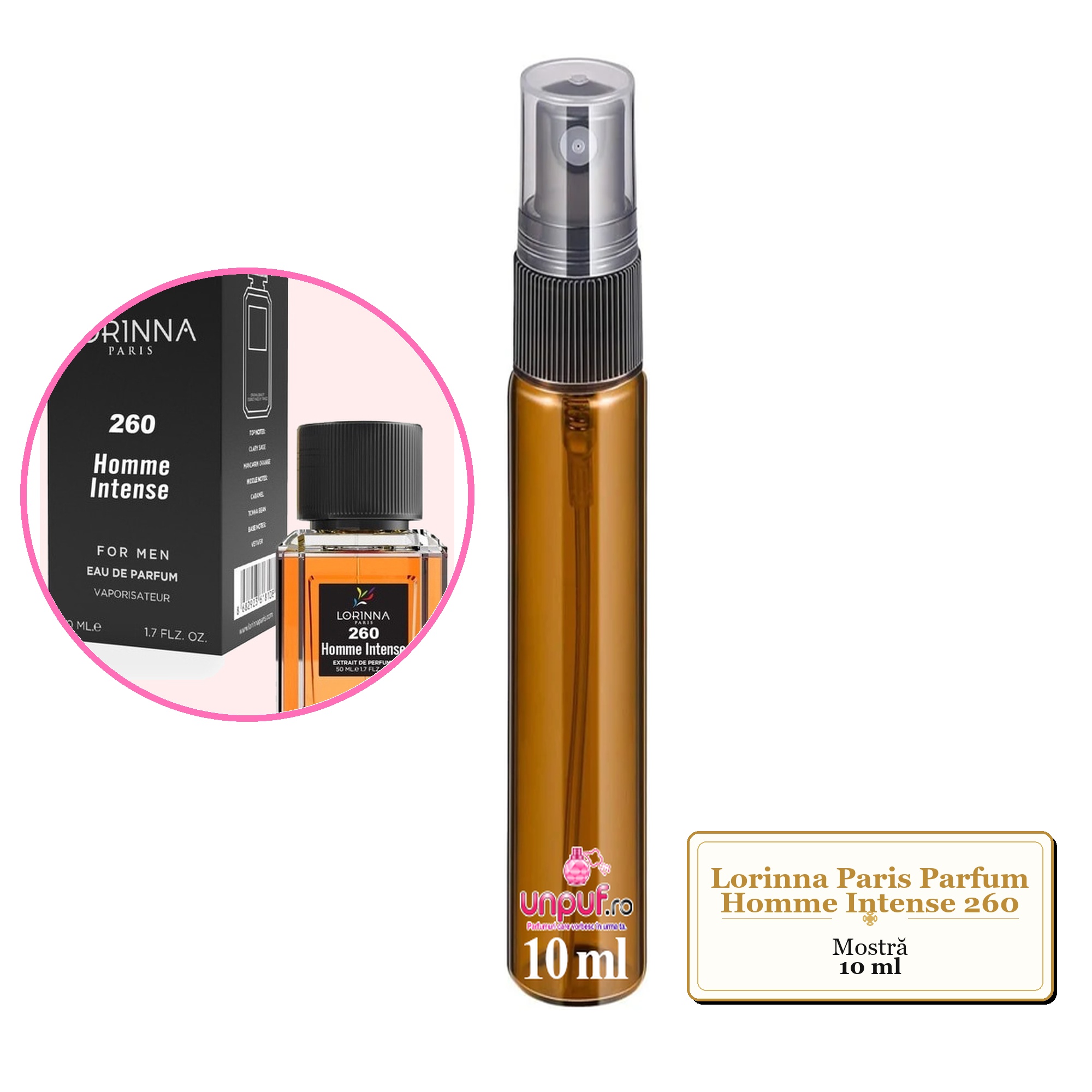 Mostra fiola din Parfumul Lorinna Paris Homme Intense 260, decant sticla cu pulverizator