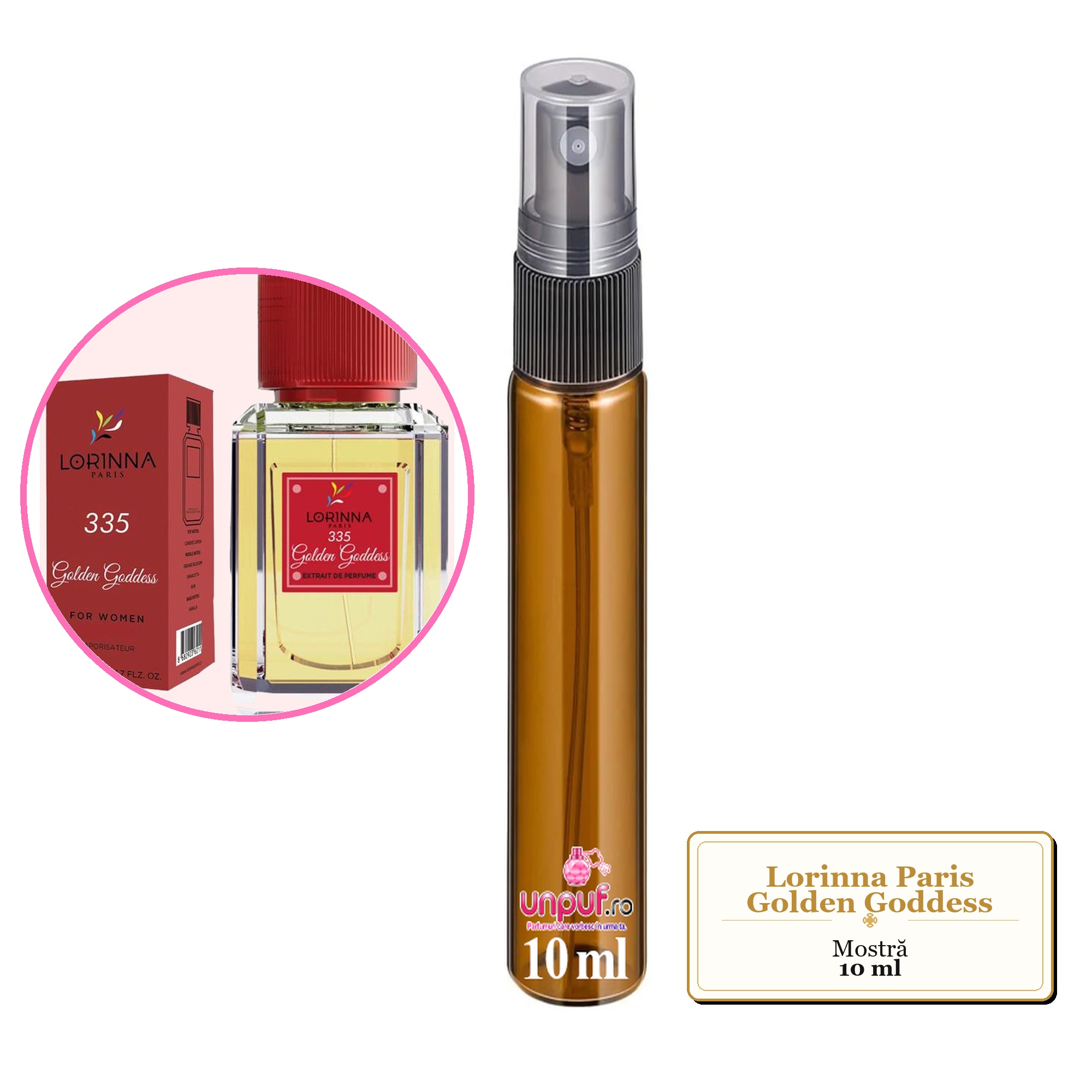 Mostra fiola din Parfumul Lorinna Paris Golden Goddess, decant sticla cu pulverizator