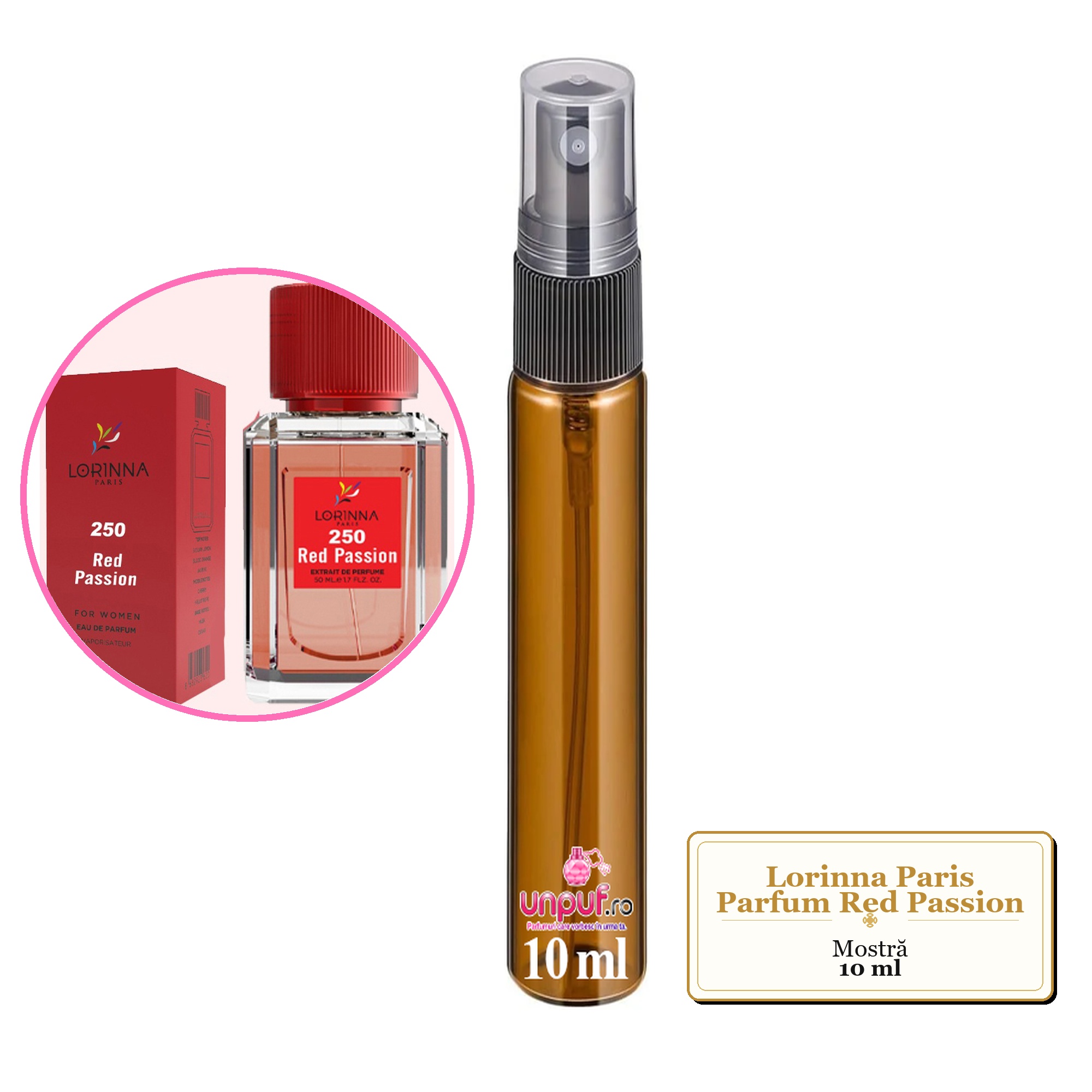 Mostra fiola din Parfumul Lorinna Paris Red Passion, decant sticla cu pulverizator