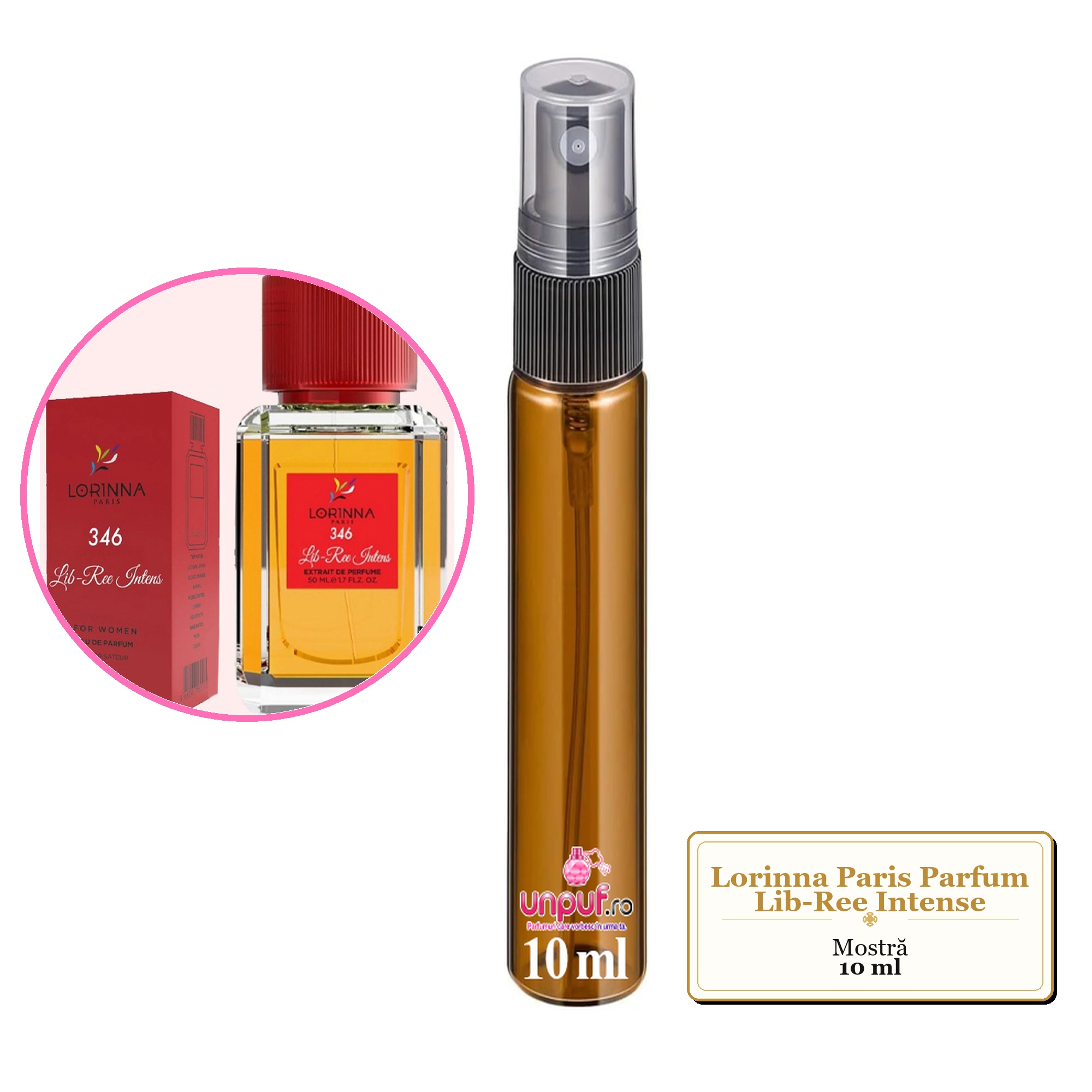 Mostra fiola din Parfumul Lorinna Paris Lib-Ree Intense, decant sticla cu pulverizator