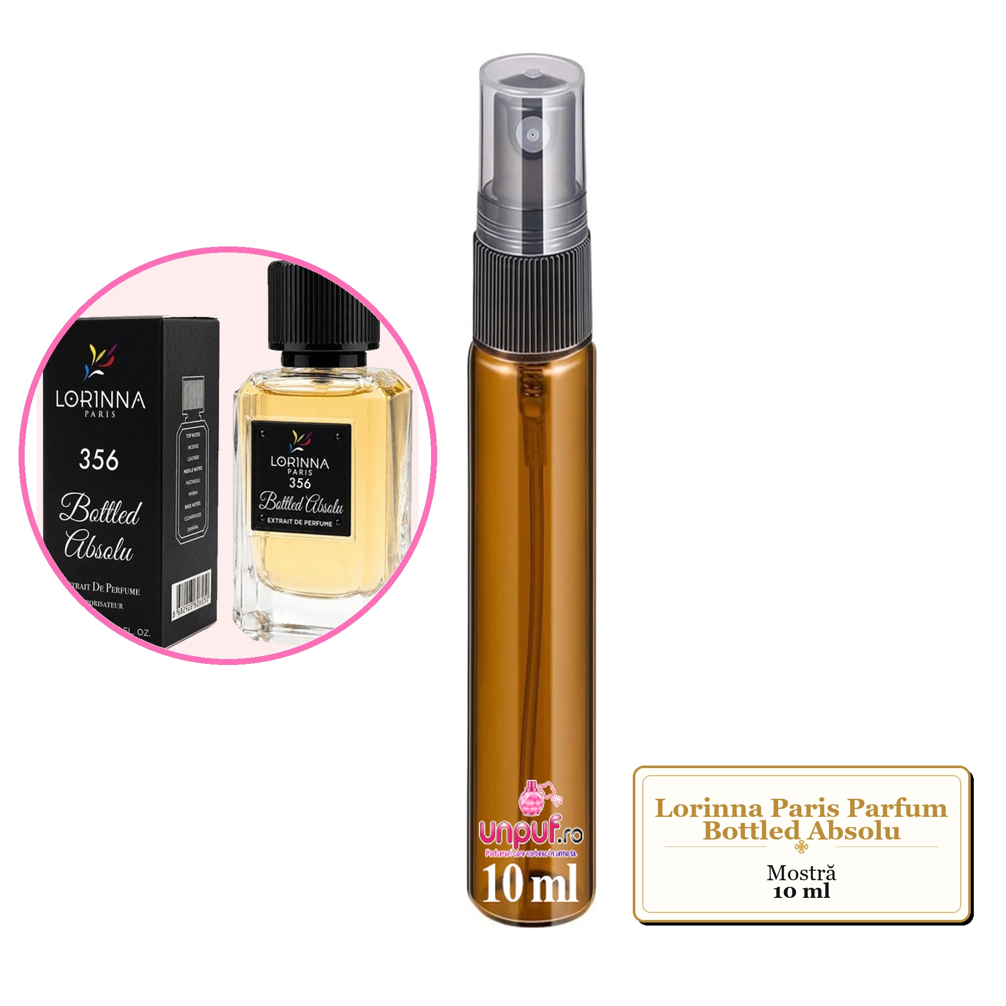 Mostra fiola din Parfumul Lorinna Paris Bottled Absolu, decant sticla cu pulverizator