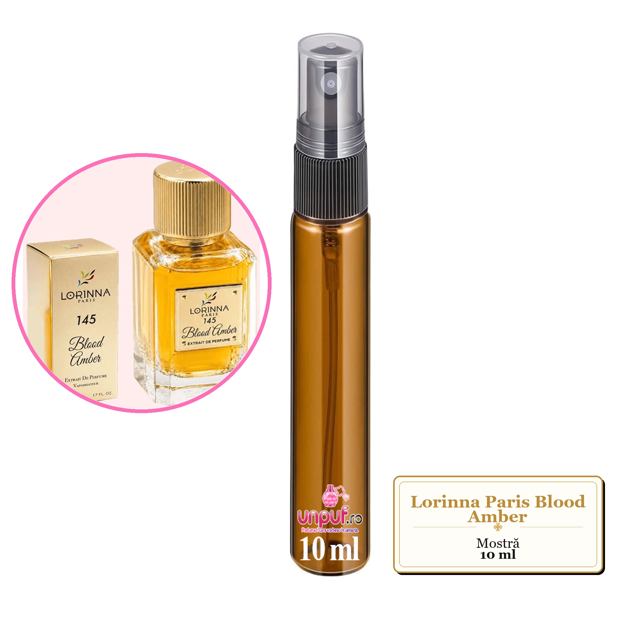 Mostra fiola din Parfumul Lorinna Paris Blood Amber, decant sticla cu pulverizator