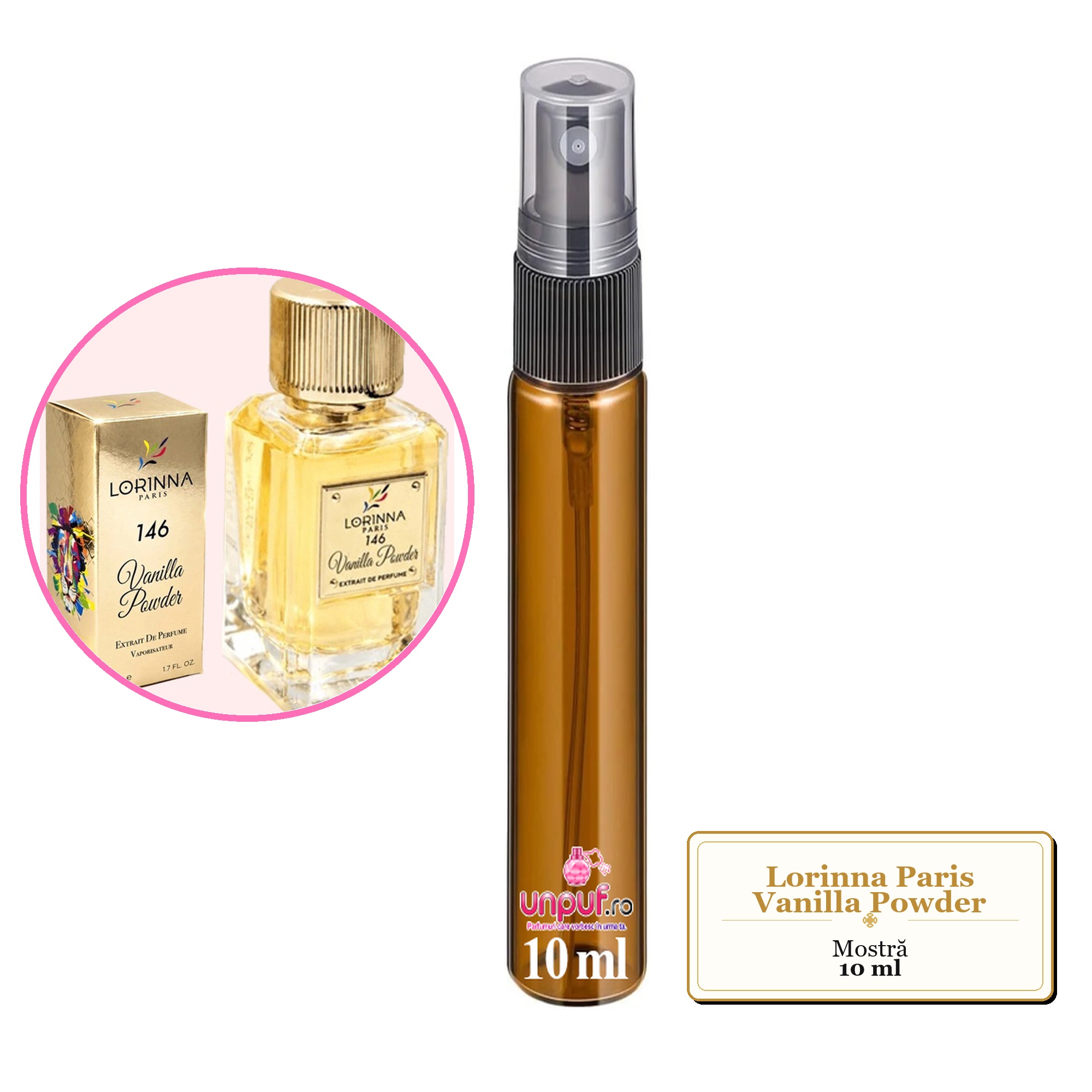 Mostra fiola din Parfumul Lorinna Paris Vanilla Powder, decant sticla cu pulverizator