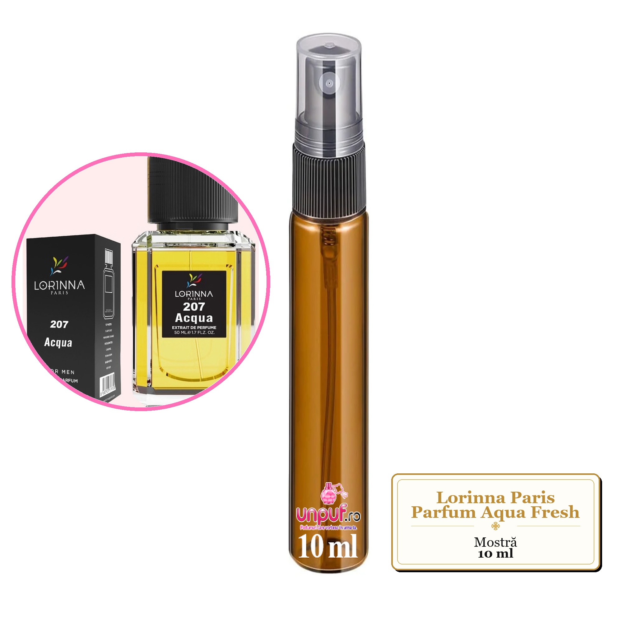 Mostra fiola din Parfumul Lorinna Paris Aqua Fresh, decant sticla cu pulverizator