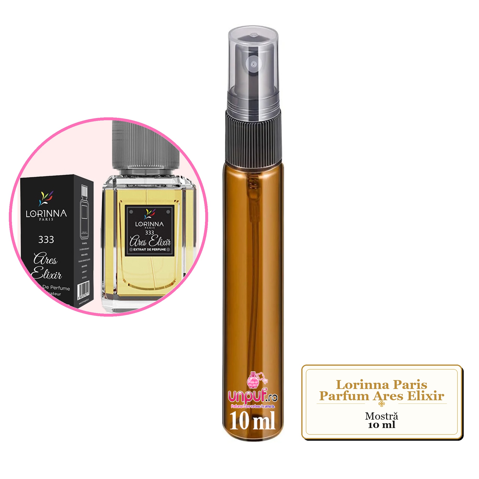 Mostra fiola din Parfumul Lorinna Paris Ares Elixir, decant sticla cu pulverizator