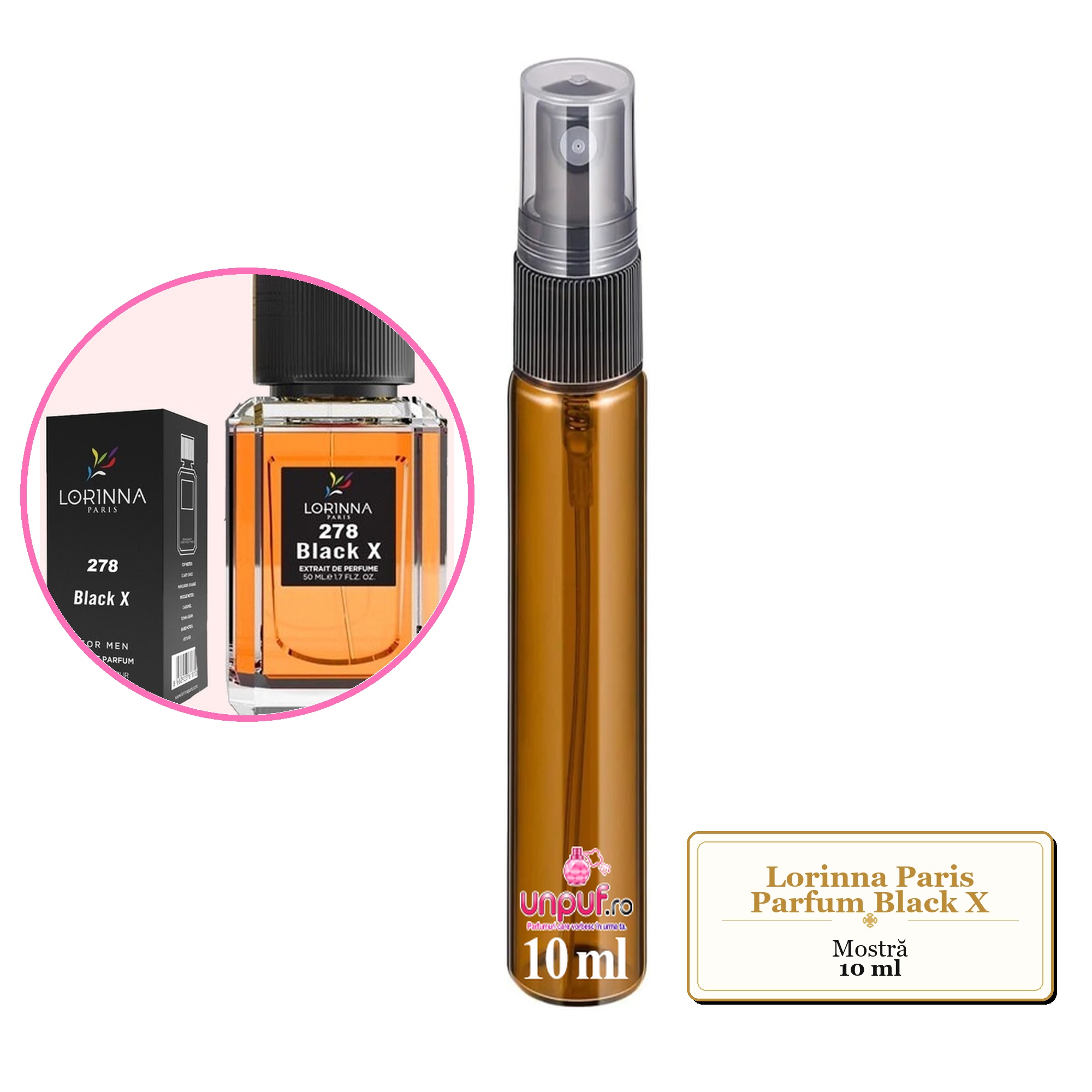Mostra fiola din Parfumul Lorinna Paris Black X, decant sticla cu pulverizator