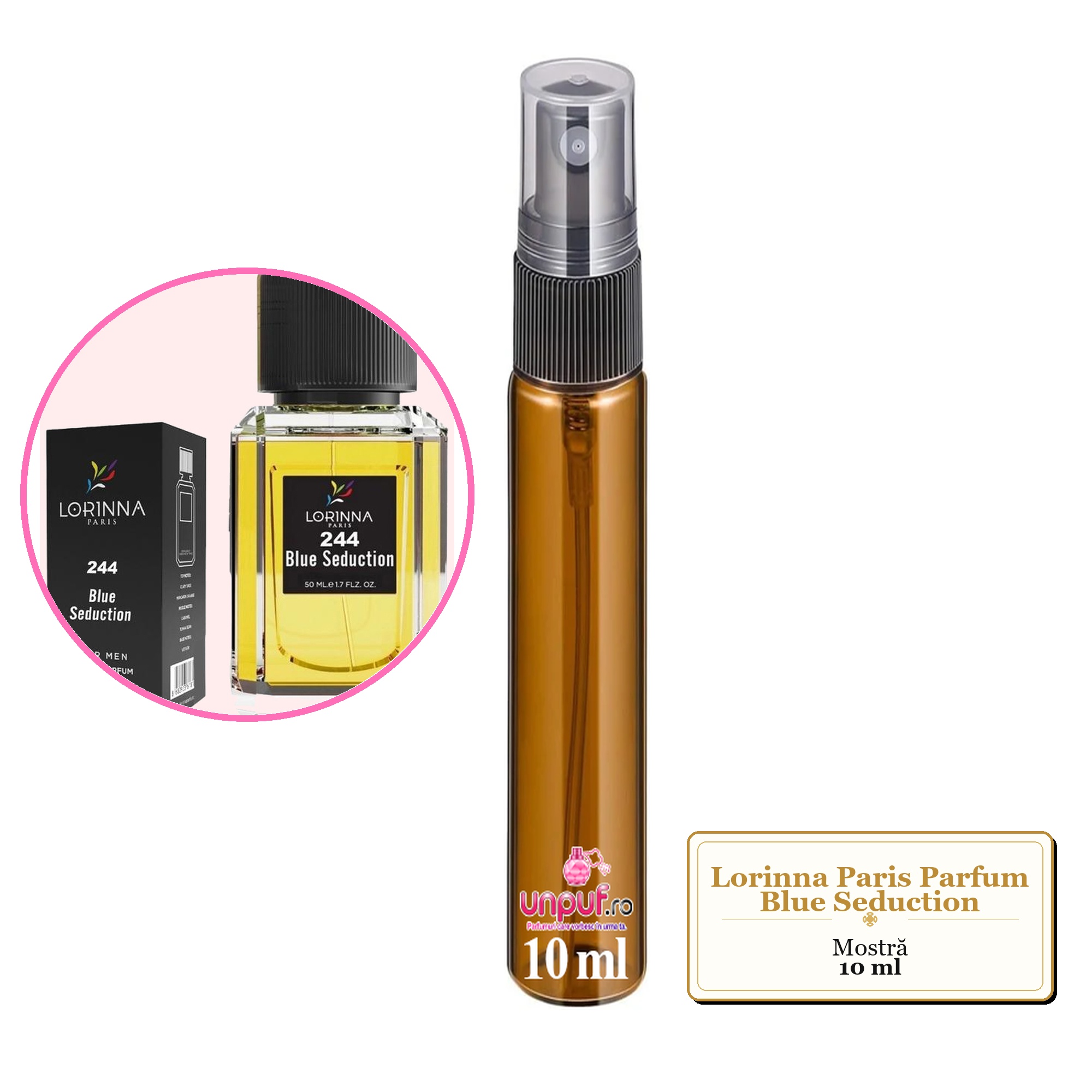 Mostra fiola din Parfumul Lorinna Paris Blue Seduction, decant sticla cu pulverizator