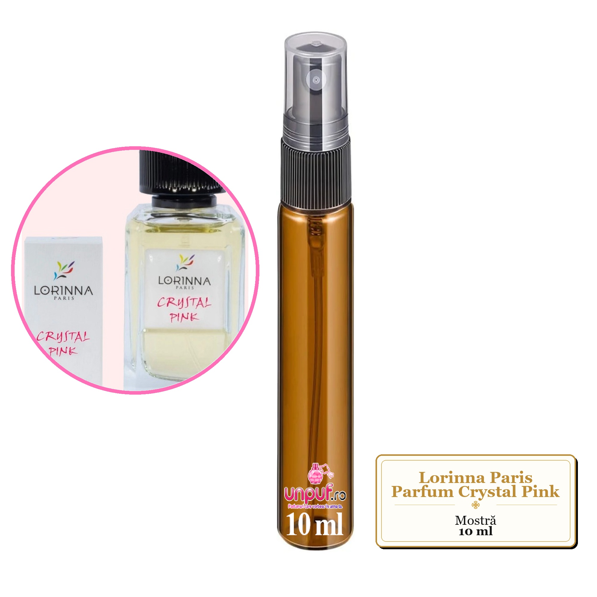 Mostra fiola din Parfumul Lorinna Paris Crystal Pink, decant sticla cu pulverizator