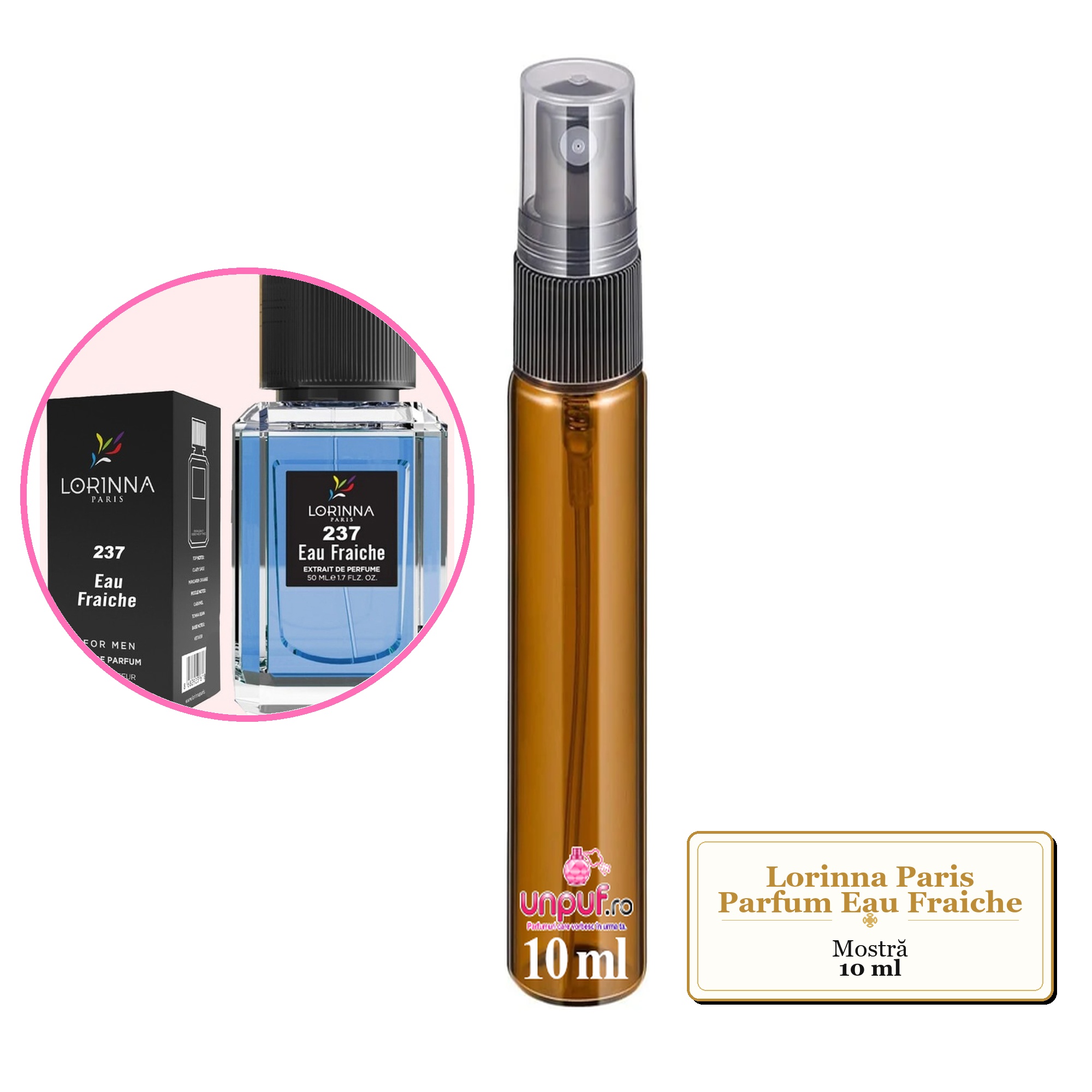 Mostra fiola din Parfumul Lorinna Paris Eau Fraiche, decant sticla cu pulverizator