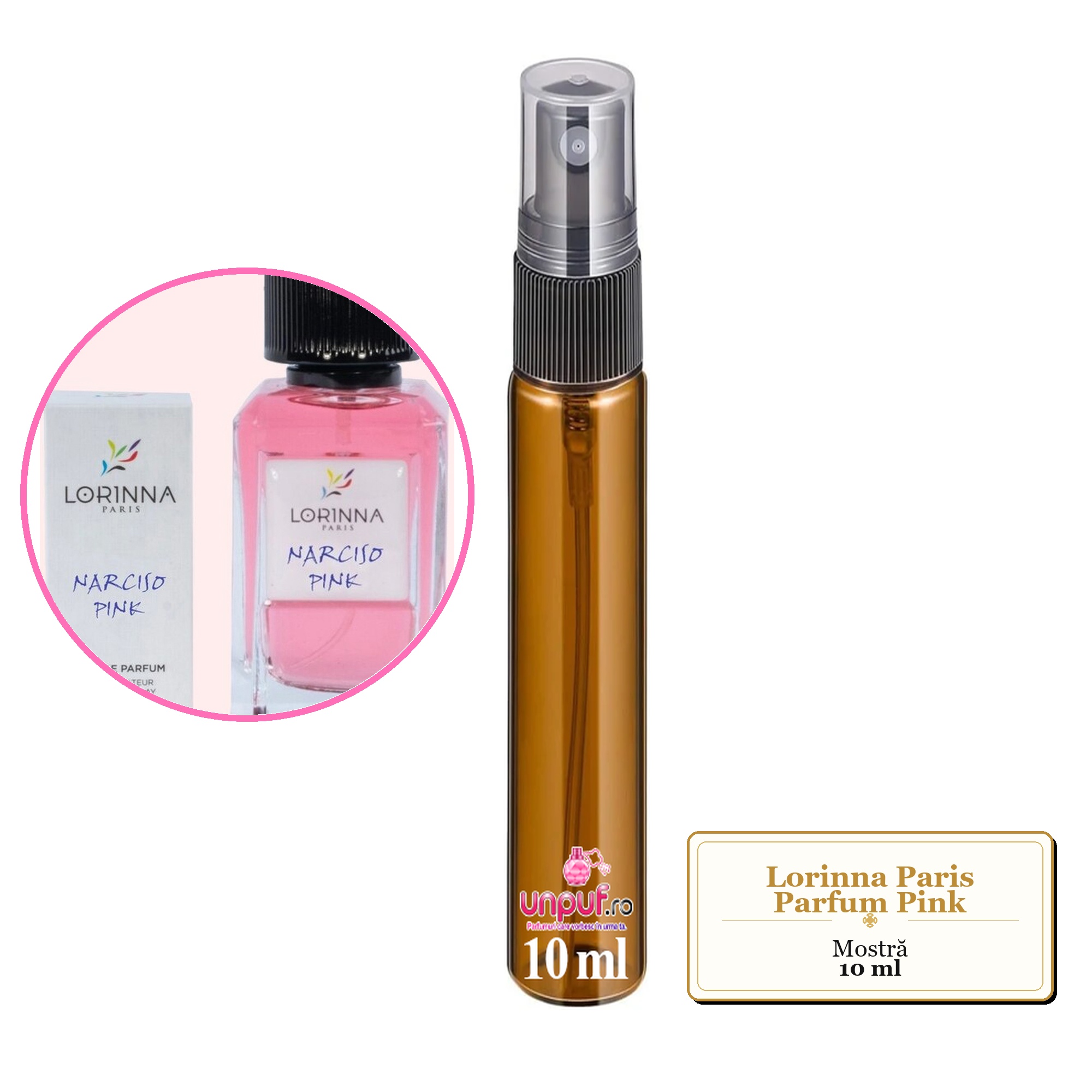 Mostra fiola din Parfumul Lorinna Paris Pink, decant sticla cu pulverizator