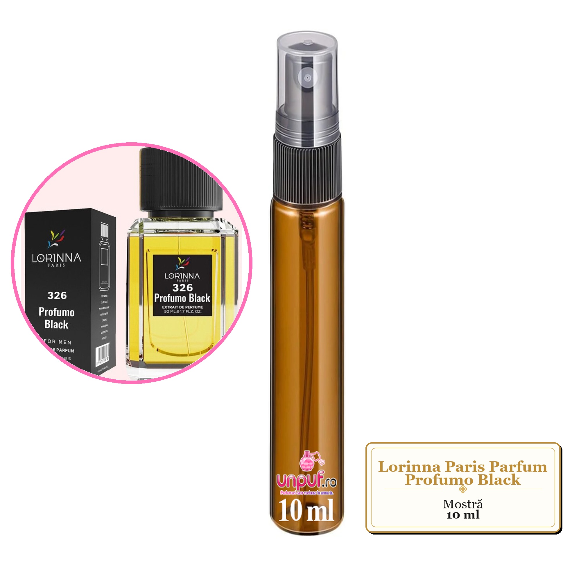 Mostra fiola din Parfumul Lorinna Paris Profumo Black, decant sticla cu pulverizator
