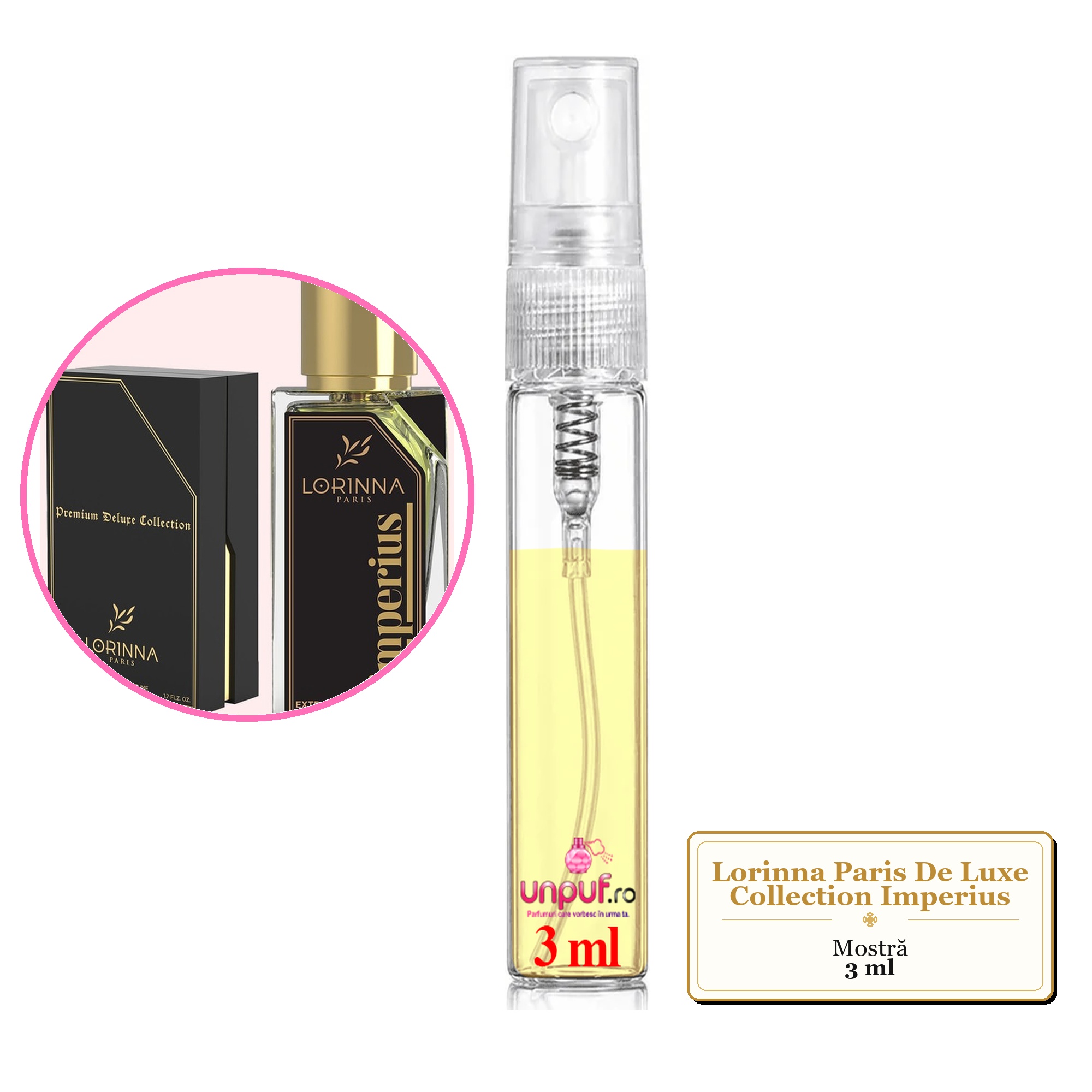 Mostra fiola din Parfumul Lorinna Paris De Luxe Collection Imperius, decant sticla cu pulverizator